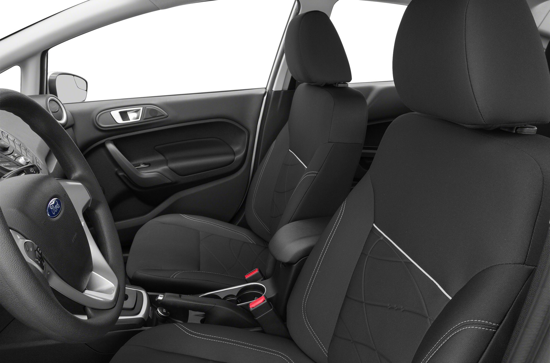 Black cloth front seats with white stitching and steering wheel