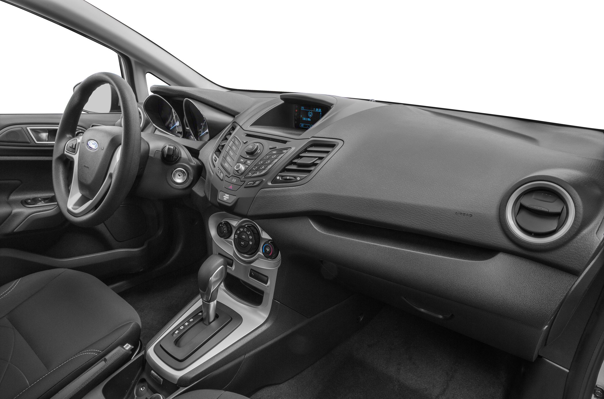 Ergonomic dashboard and center console with infotainment display and automatic gear shifter