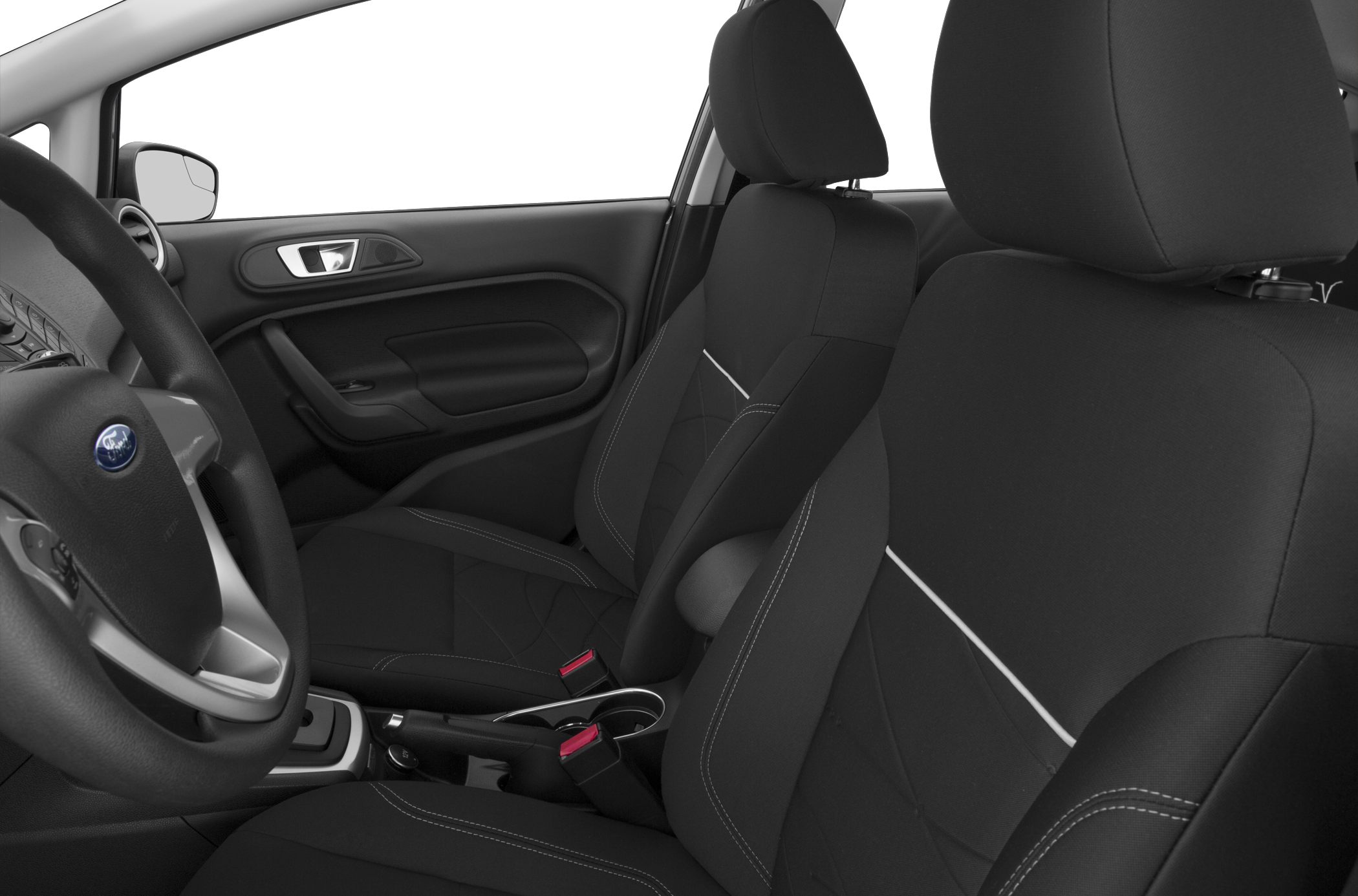 Front seats and steering wheel with fabric upholstery and white stitching