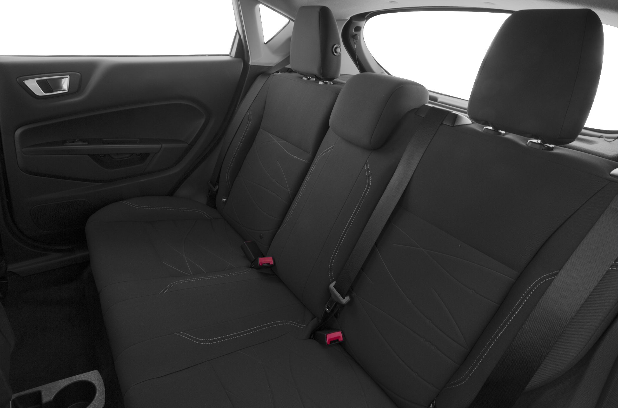 Rear seating and door panel with fabric upholstery and seatbelts