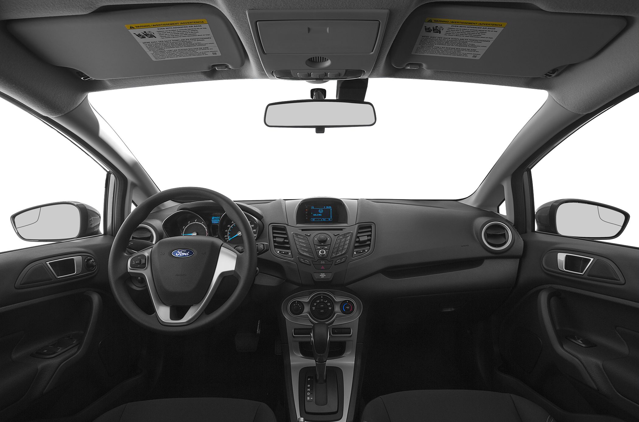 Dashboard, steering wheel, and center console of a car interior