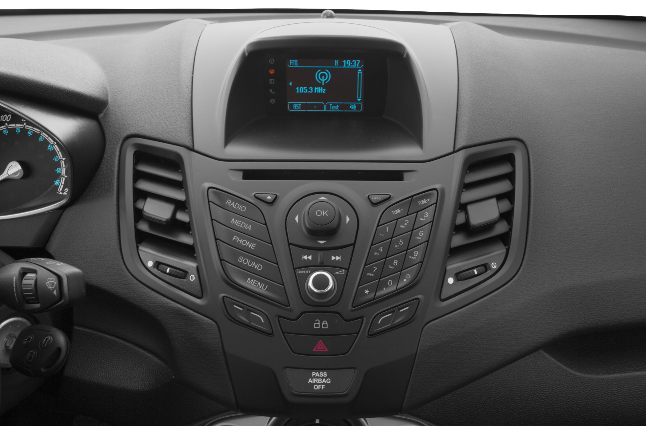 Central control panel with digital display and radio/media controls