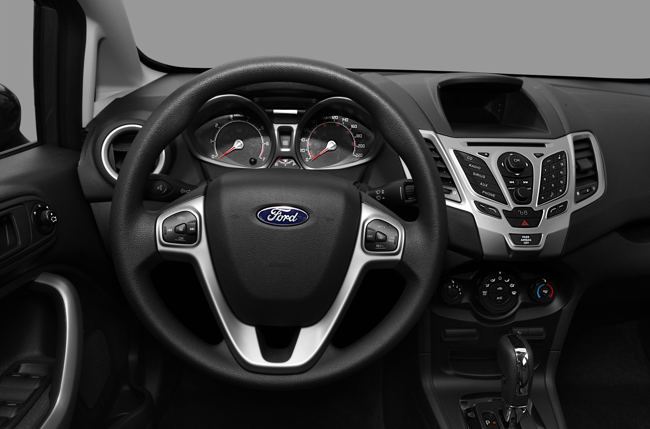 Steering wheel, dashboard with instrument cluster and control panel