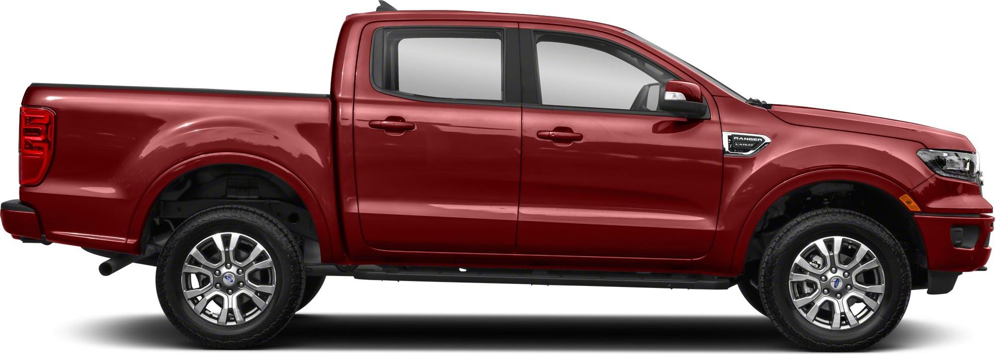 Side profile of extended cab red pickup with alloy wheels