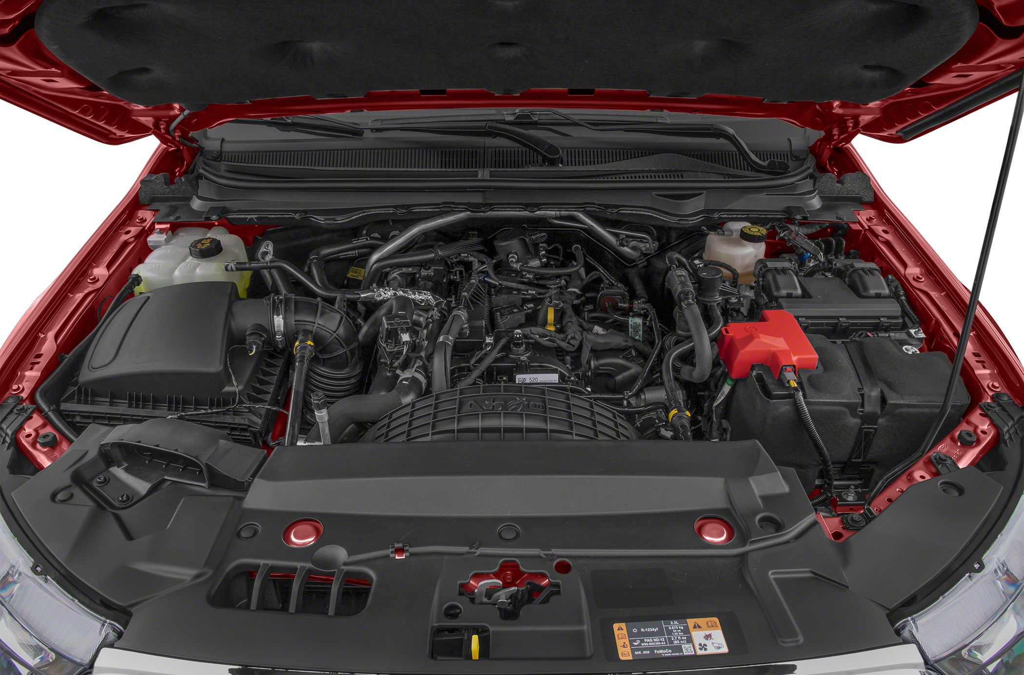 Engine bay with engine and components under open hood