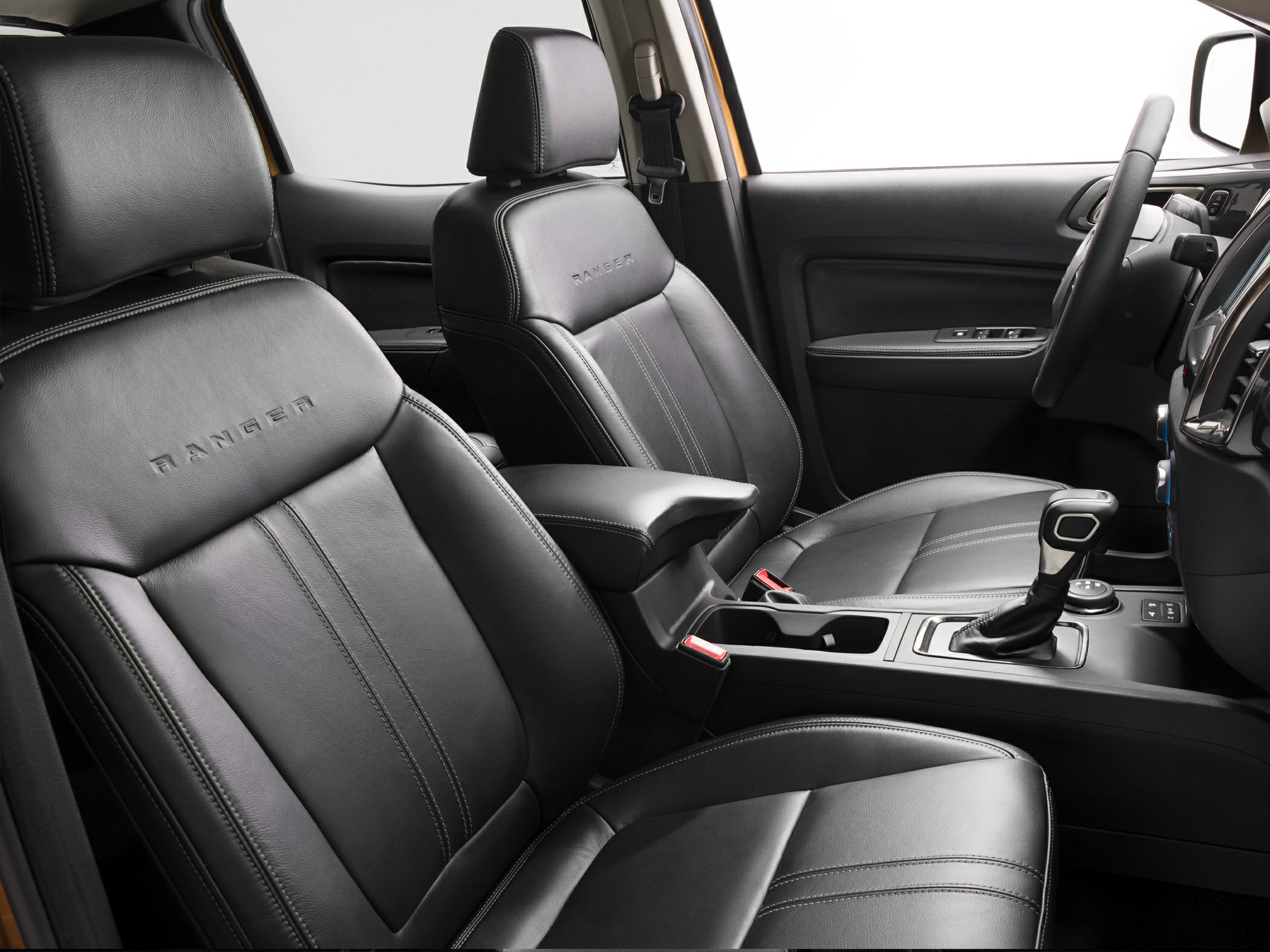 Black leather seats embossed with 'Ranger' and center console with gear shift