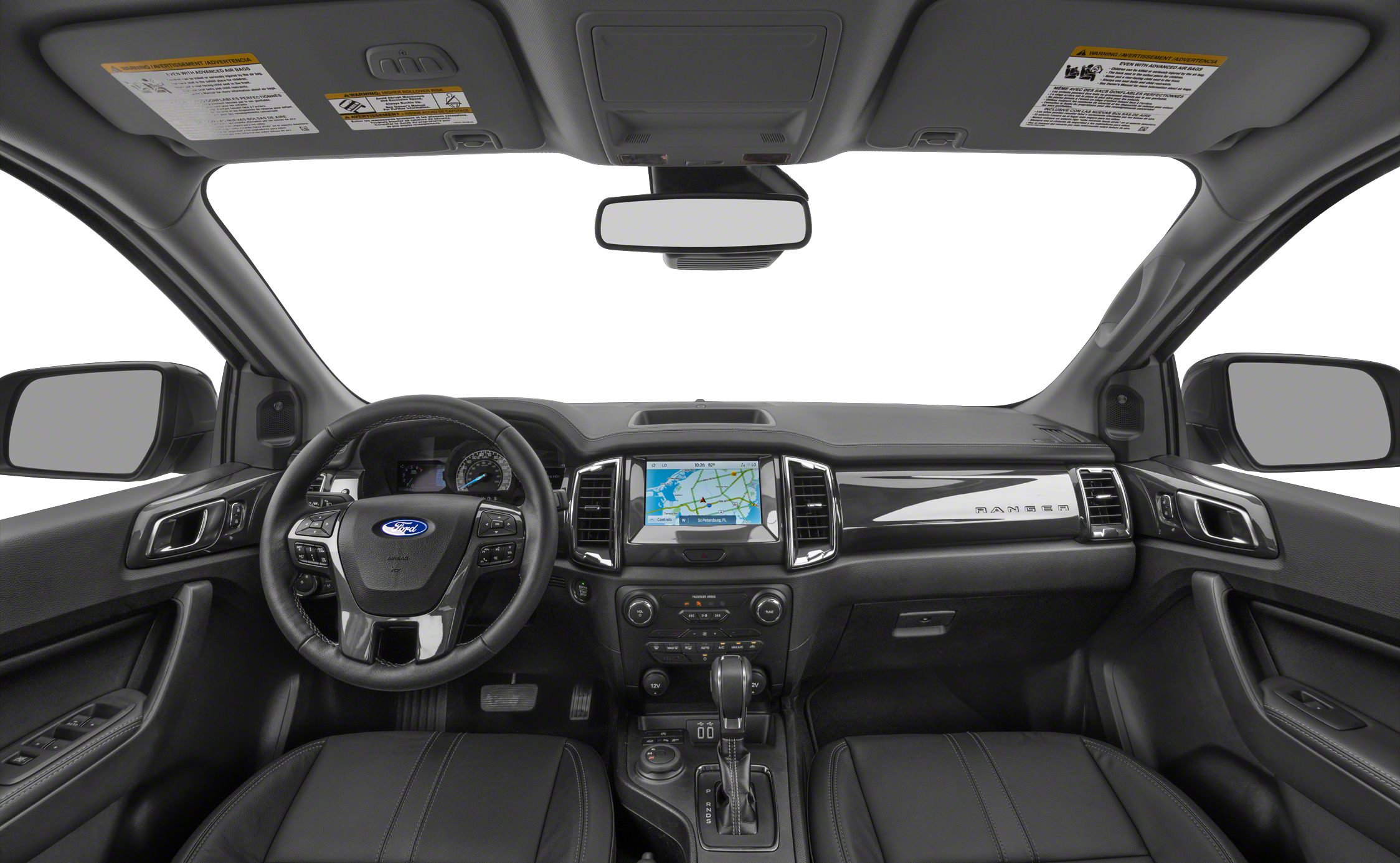 Interior with touchscreen navigation, steering wheel controls, and leather seats