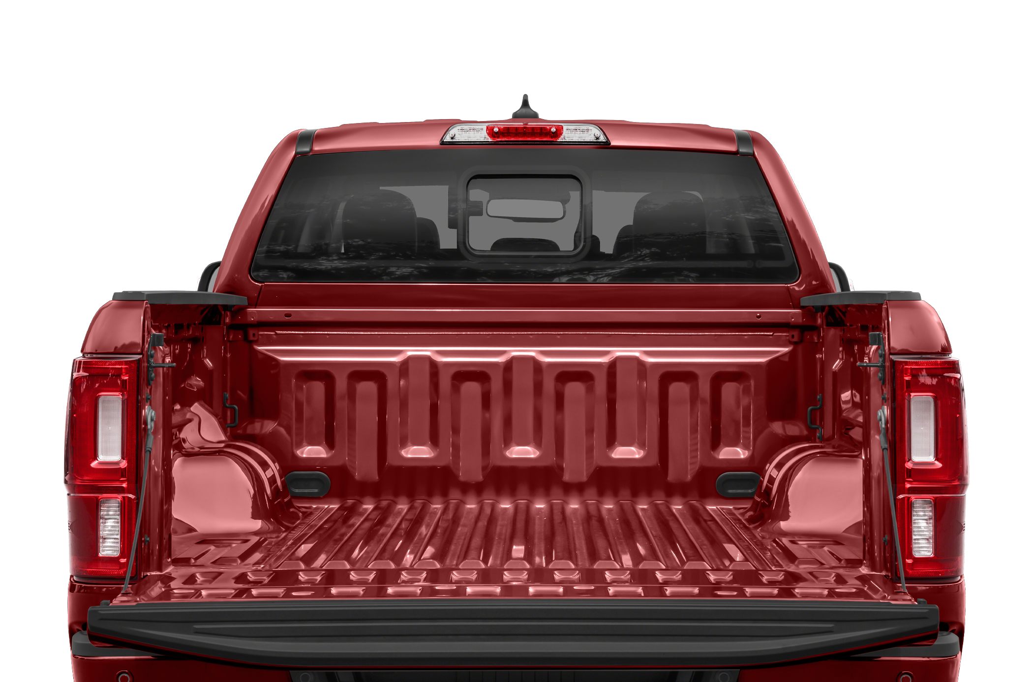 Open steel truck bed with tailgate and rear window