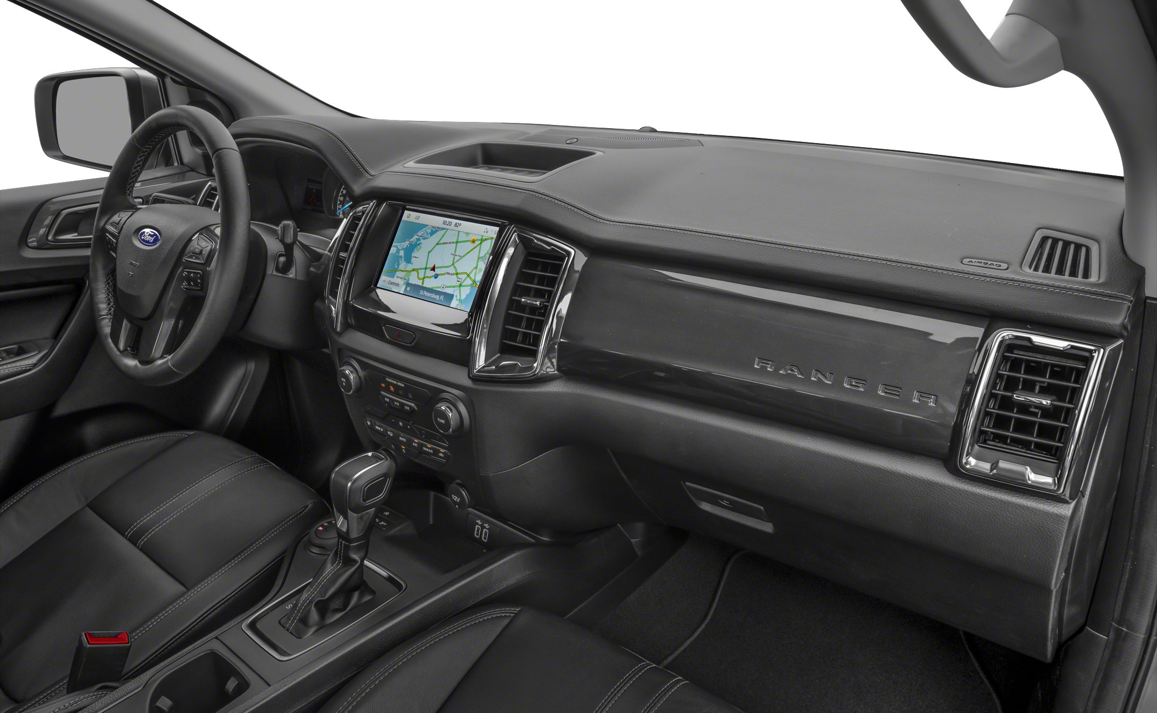 Modern car interior with touchscreen navigation and ergonomic dashboard design