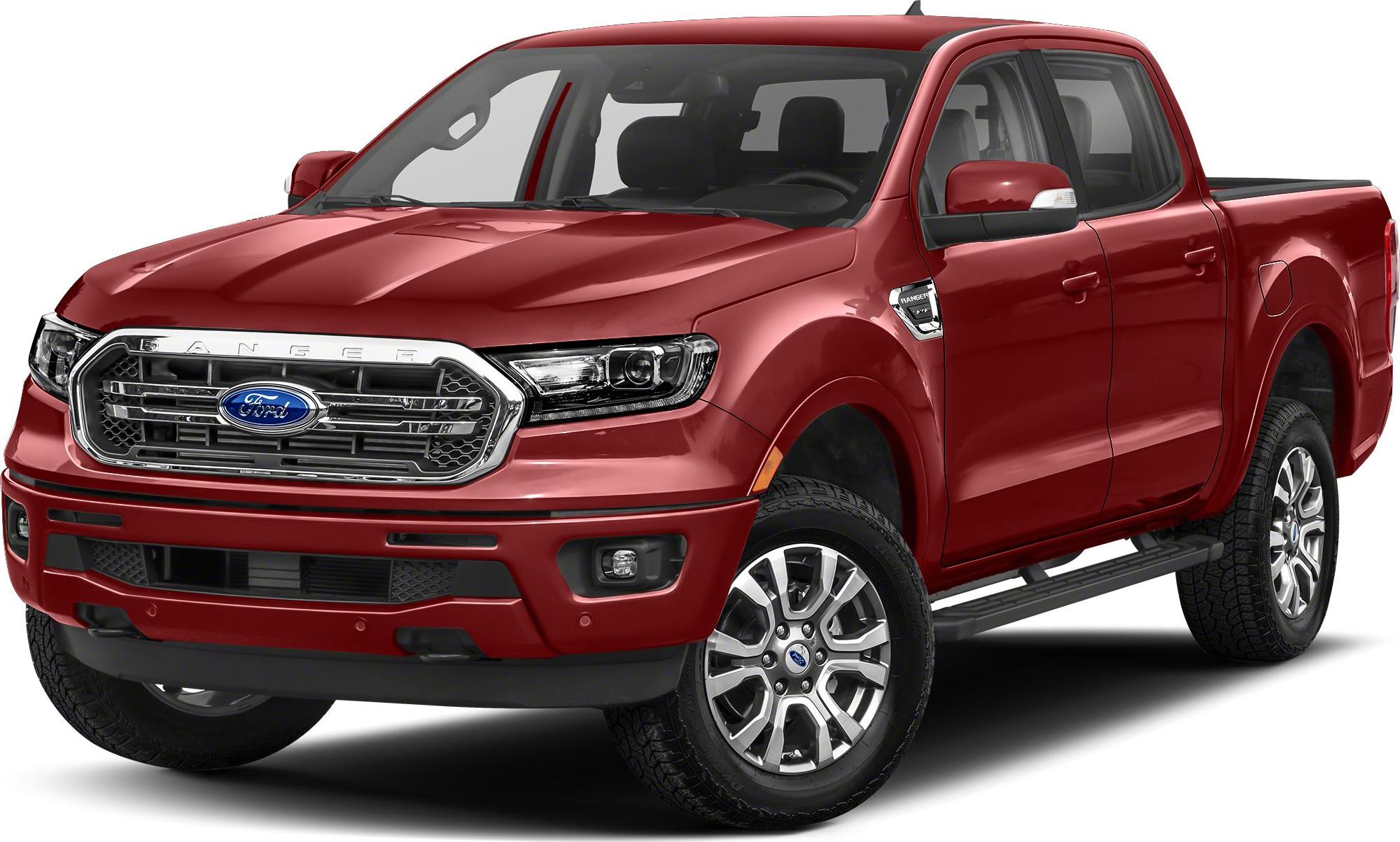 Red pickup truck front side with chrome grille and alloy wheels