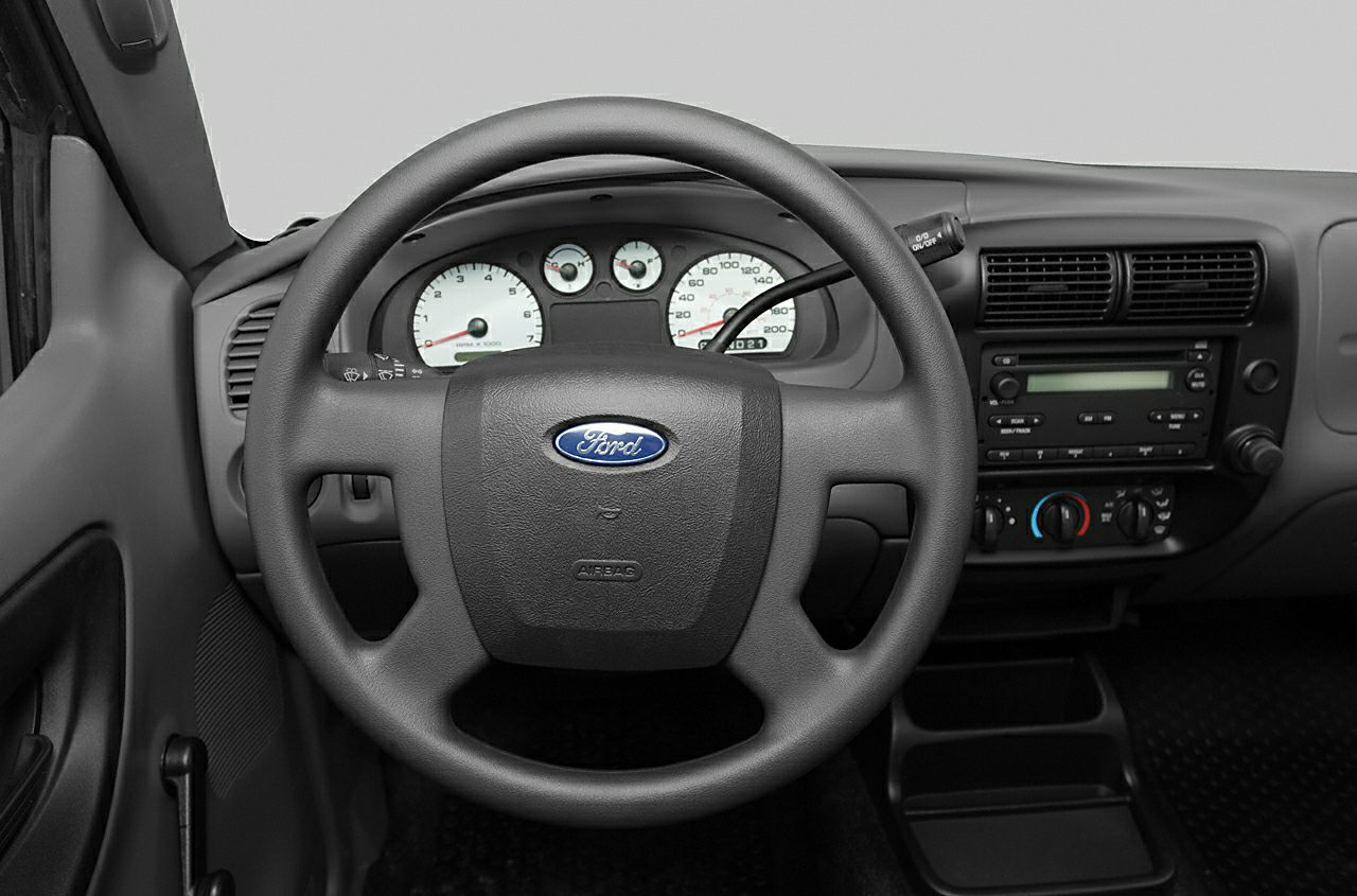 Steering wheel and dashboard interior with instrument cluster and control panel