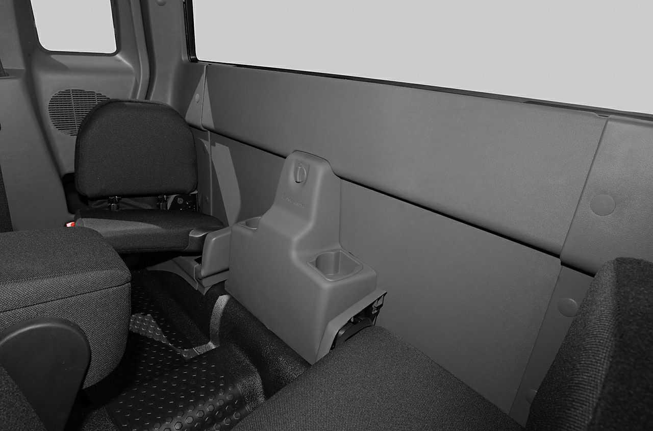 Rear foldable jump seats with center console and durable interior panels