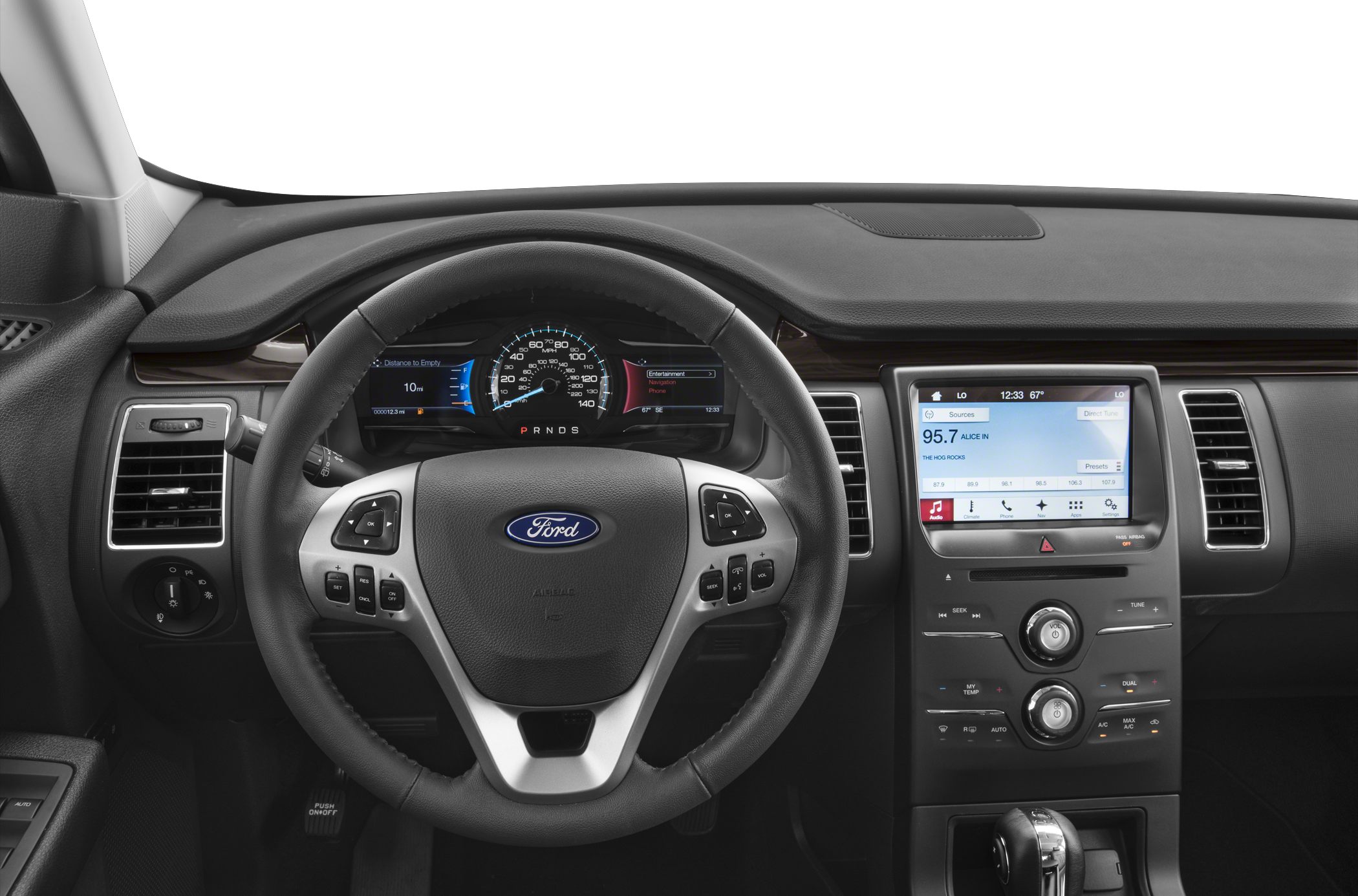 Ford-style steering wheel with digital dashboard and touchscreen center console