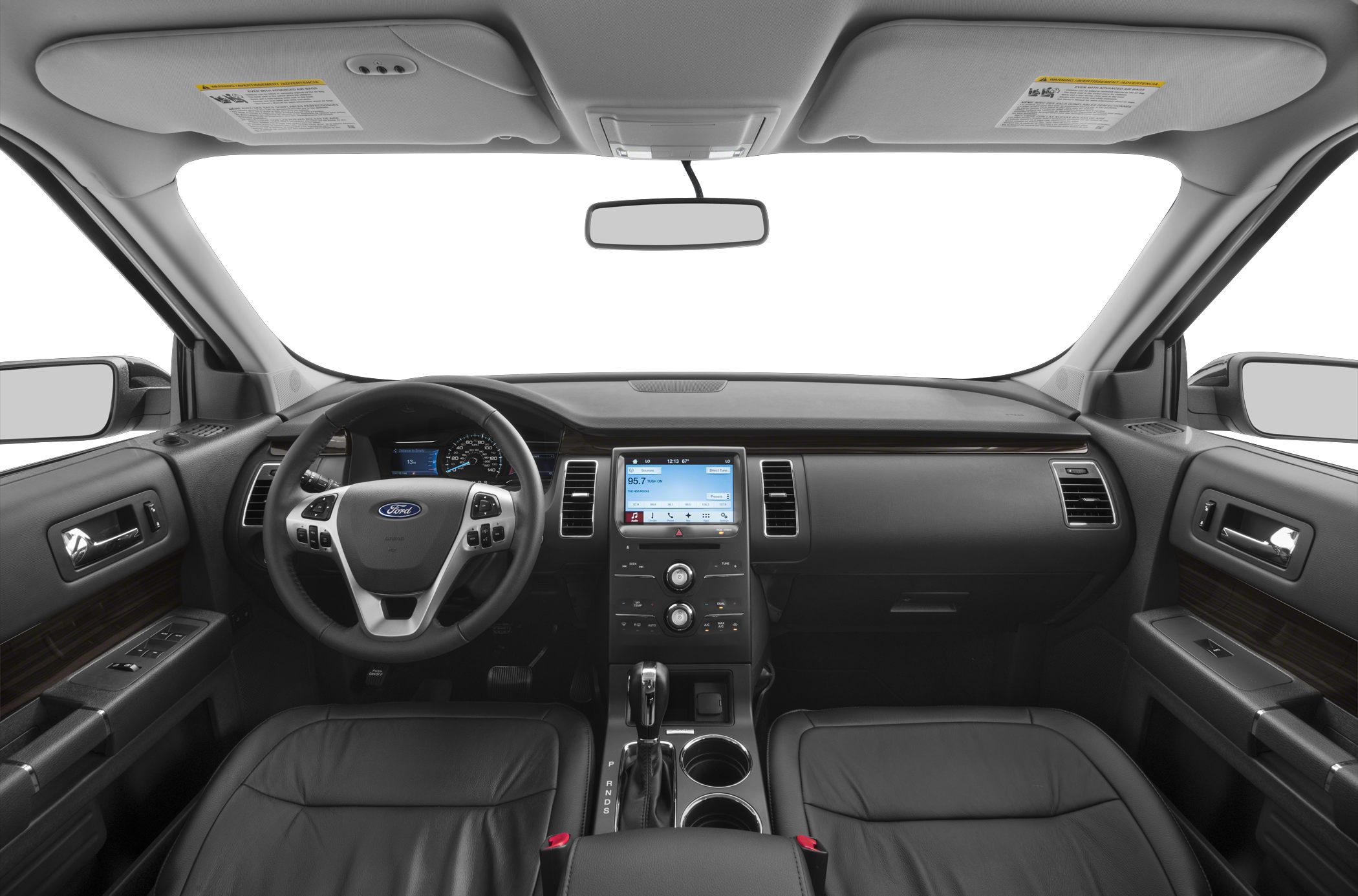Interior cabin with dashboard, steering wheel, and infotainment display