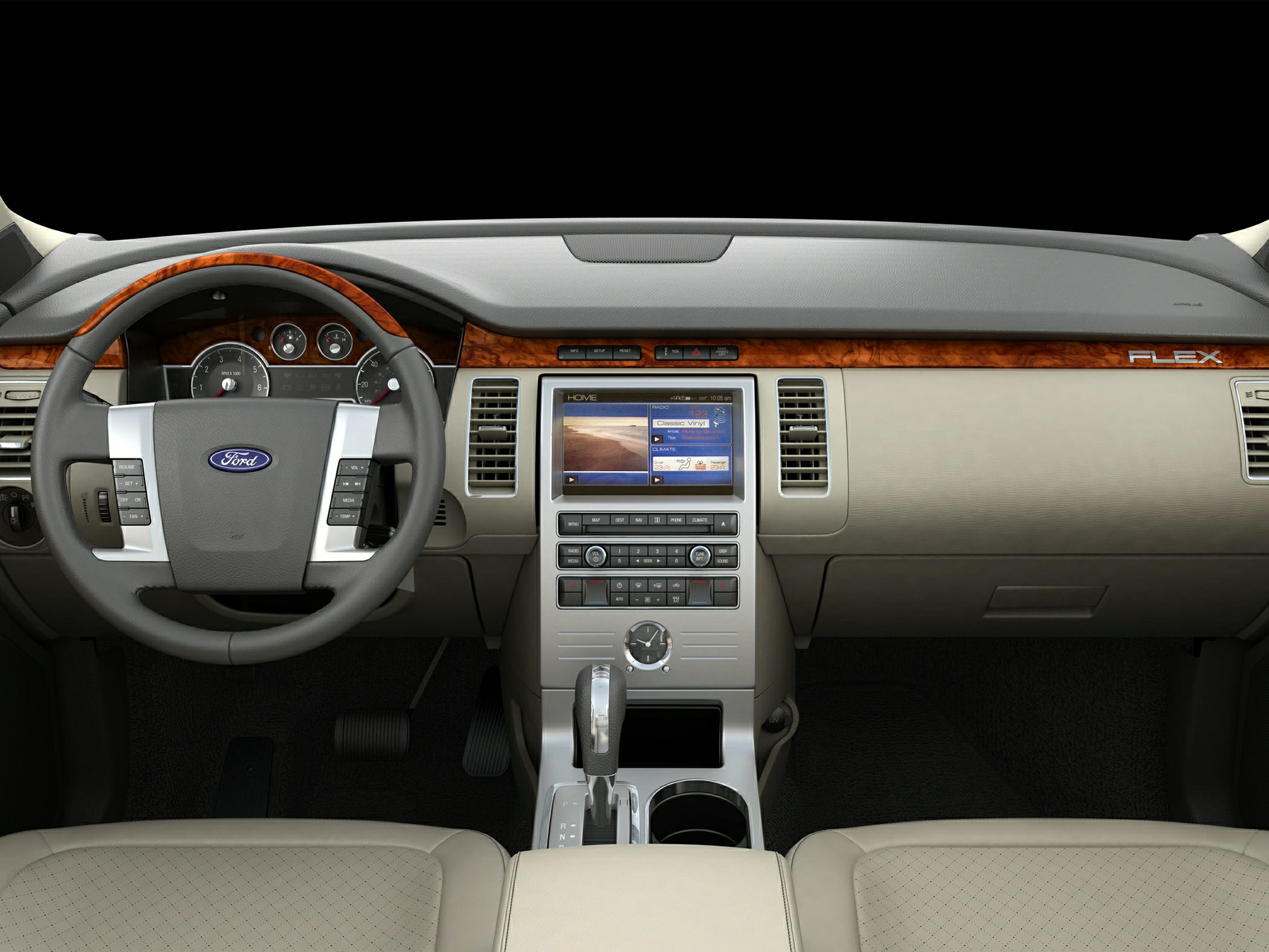 Classic dashboard with multifunction steering wheel and center console controls