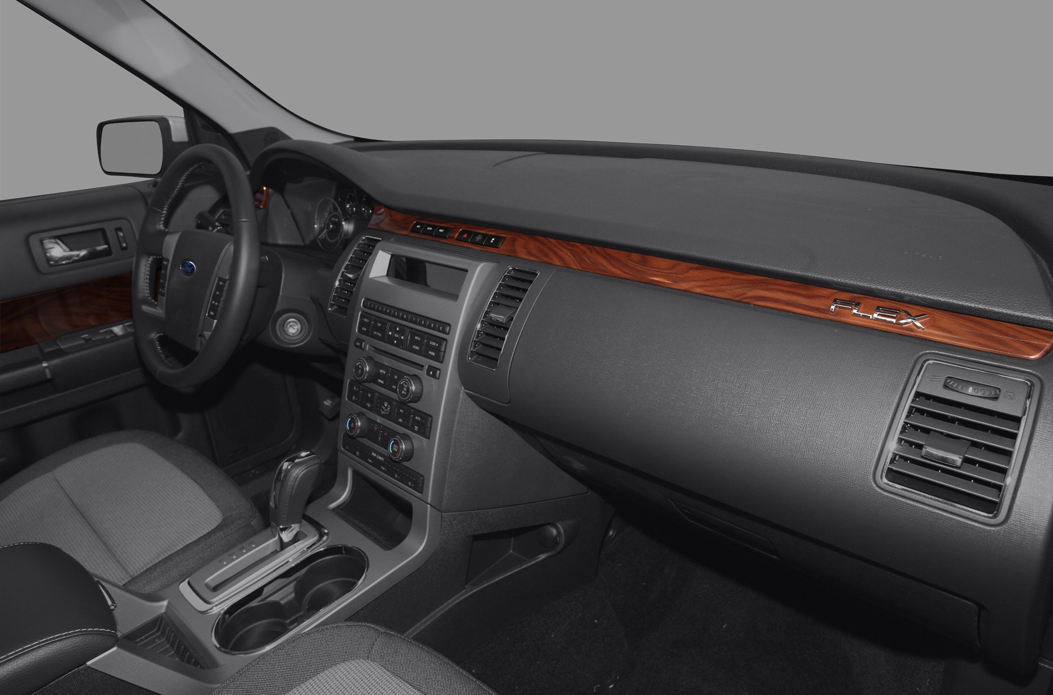 Dashboard and center console with wood trim and Flex badge