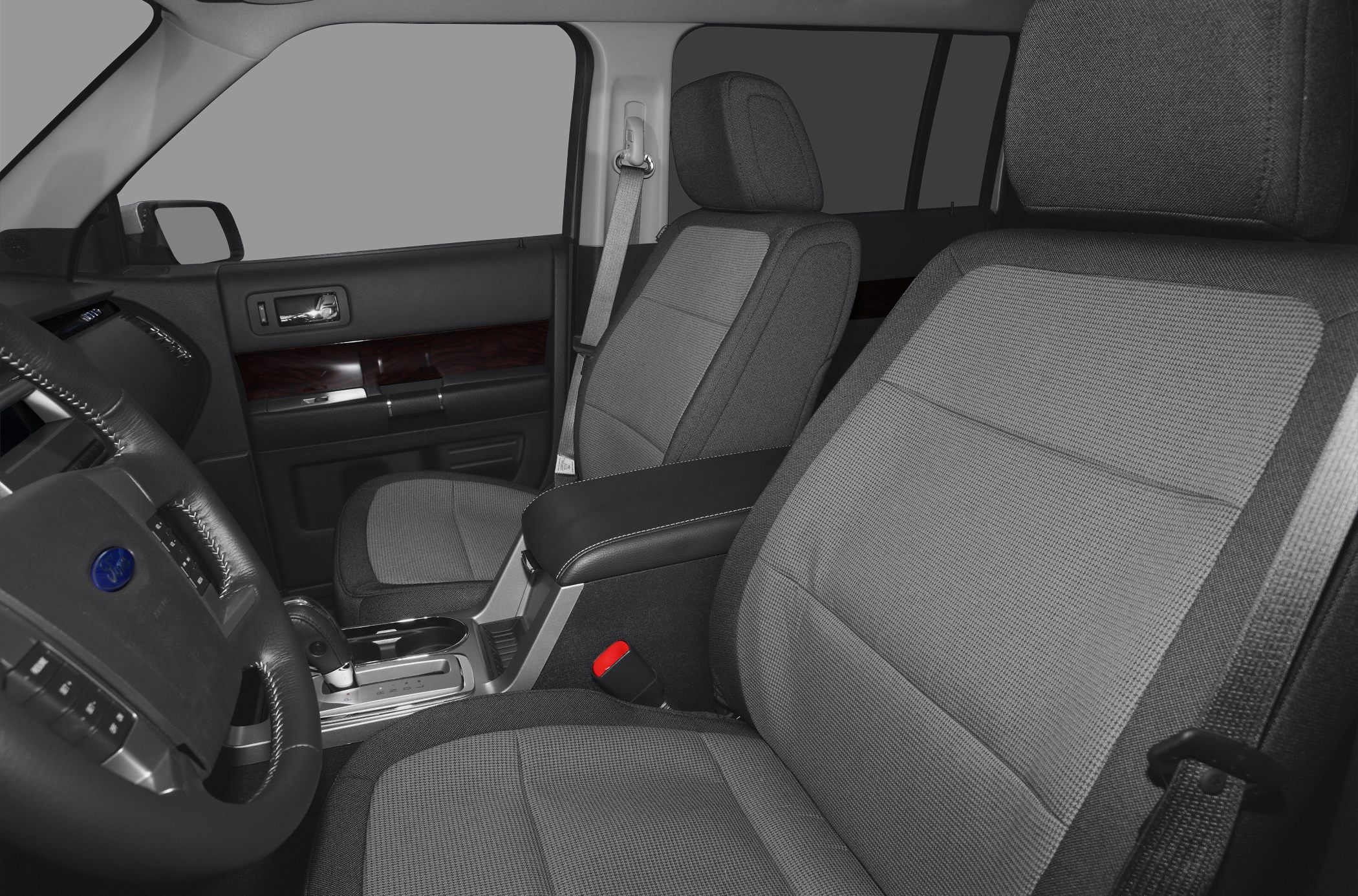 Fabric front seats and dashboard interior view