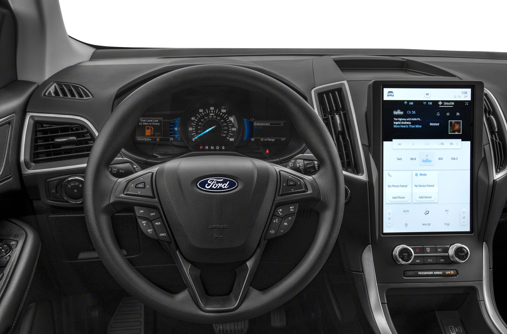 Modern steering wheel and large touchscreen infotainment display