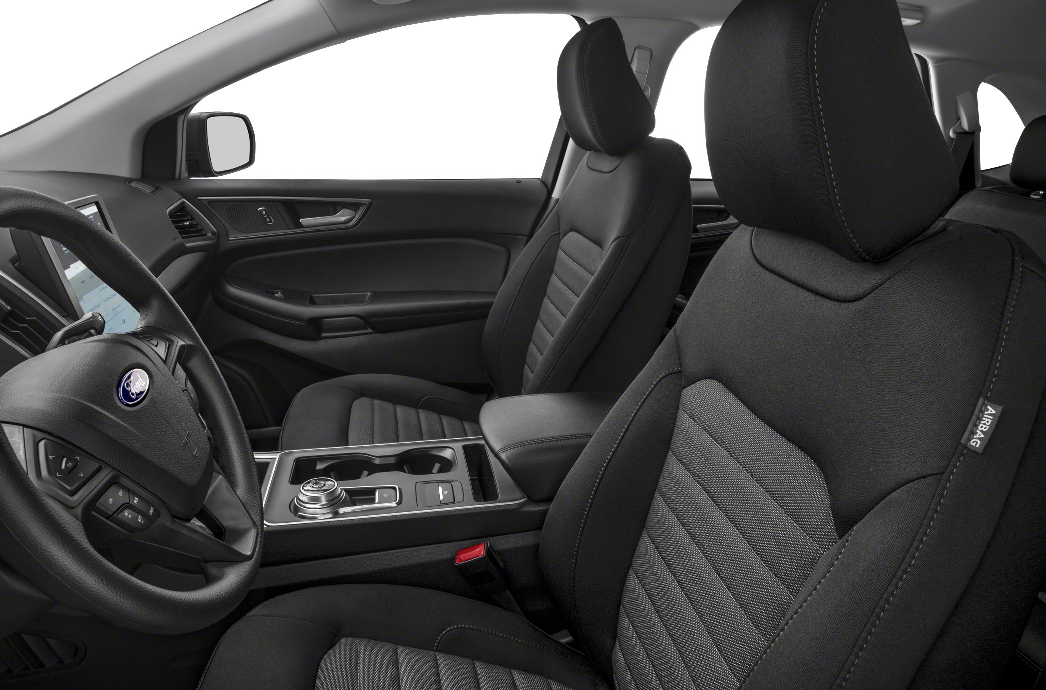 Modern car interior with fabric seats, steering wheel controls, and center console.