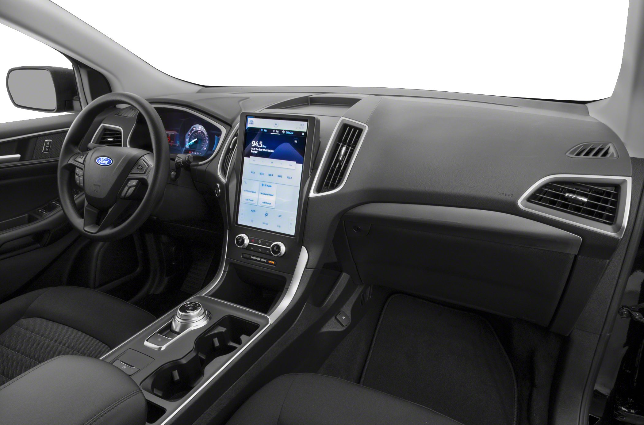 Modern car interior with vertical touchscreen and digital instrument cluster