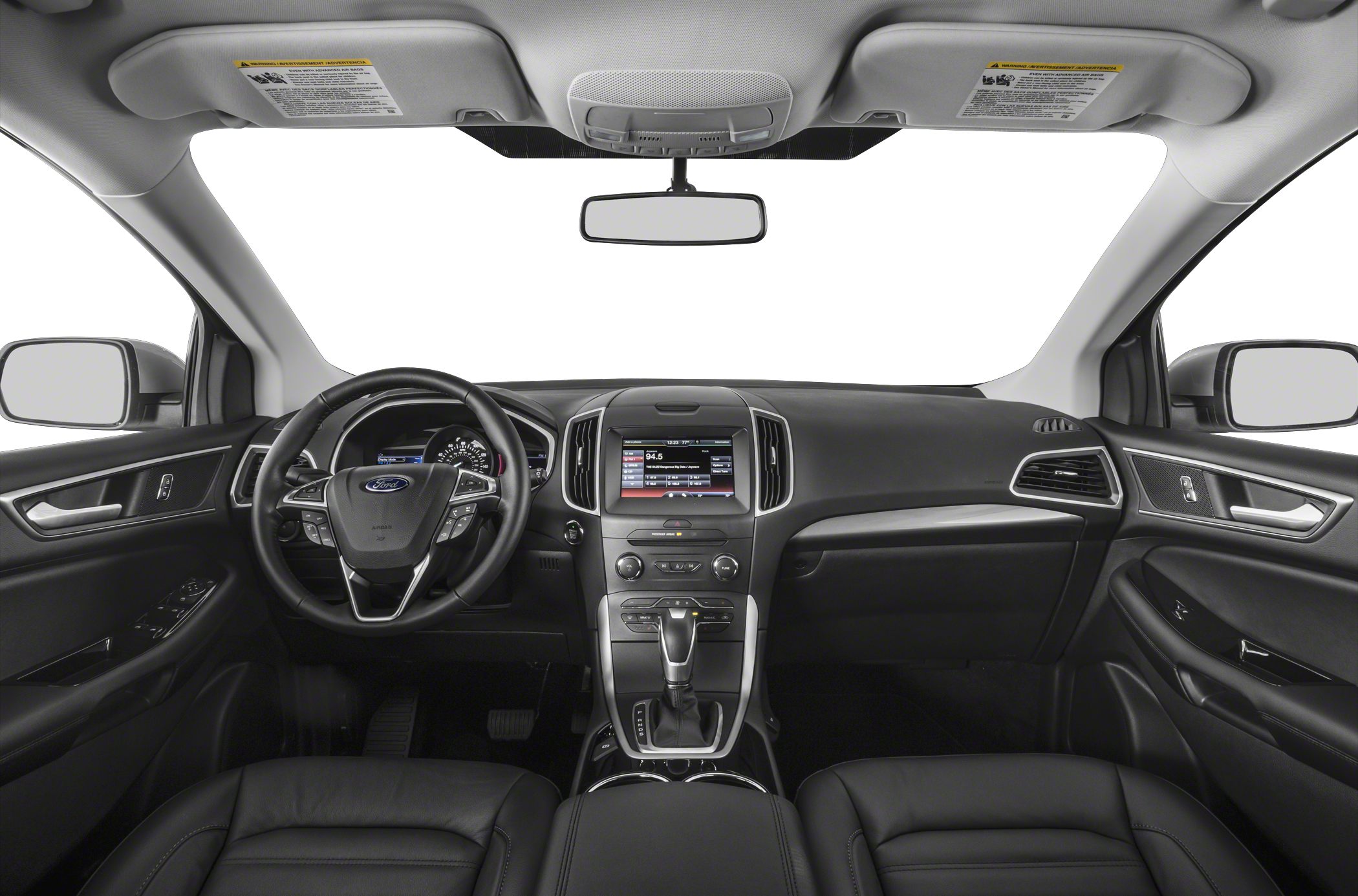 Steering wheel, dashboard, and center console with infotainment screen