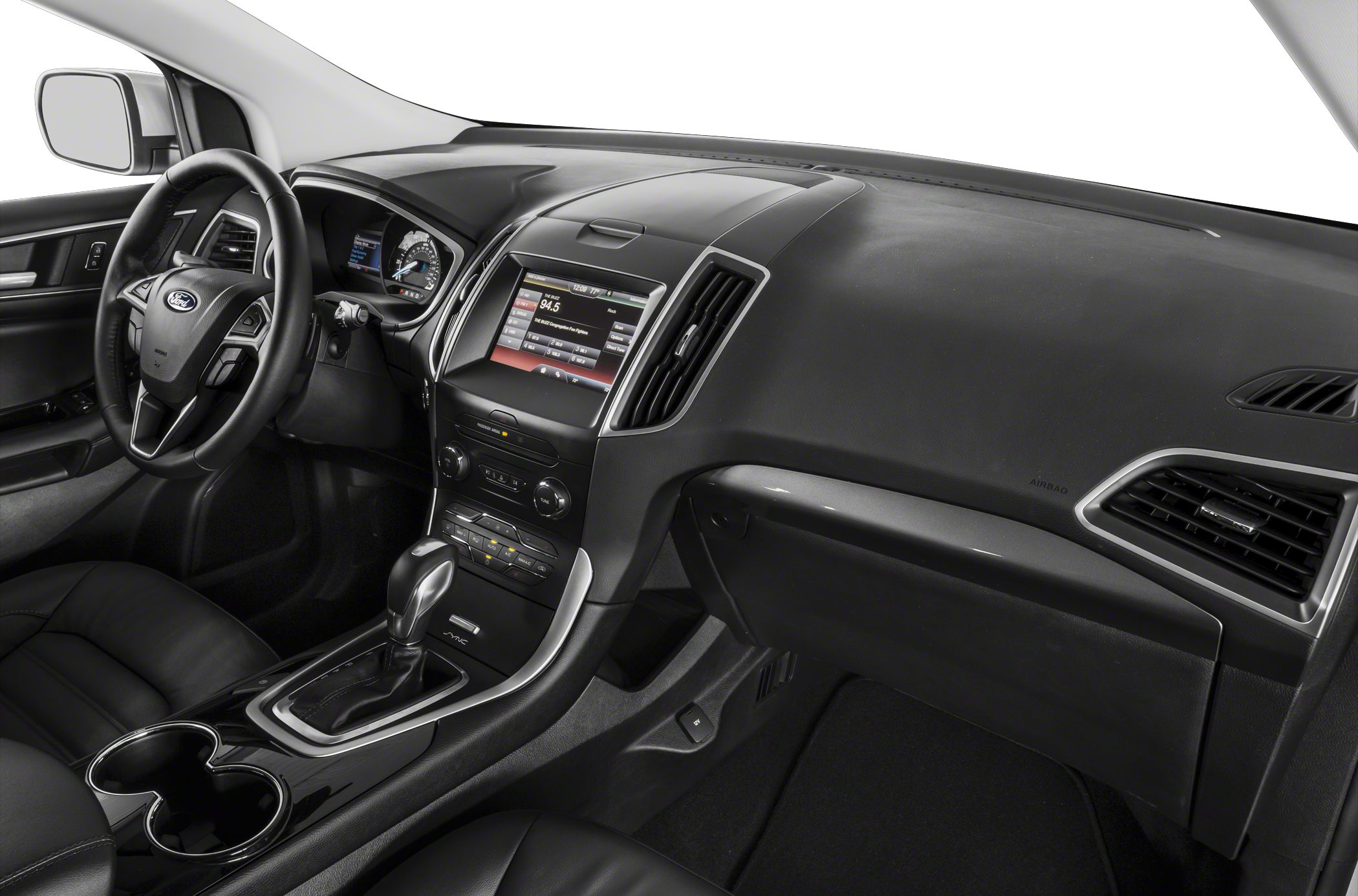 Dashboard, steering wheel, center console with infotainment and gear shift