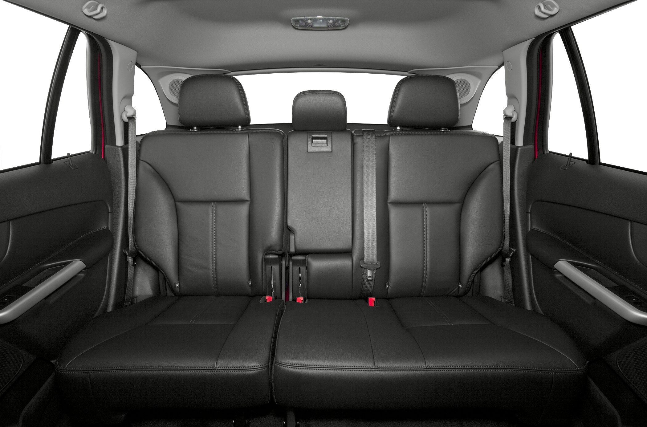 Rear black leather seats with headrests and seatbelts