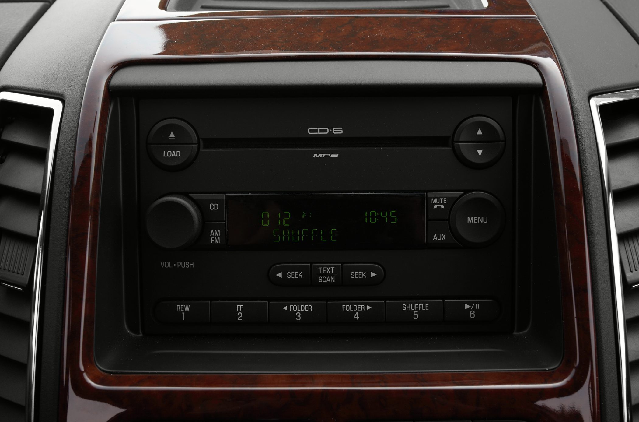 Car stereo with CD6 MP3 player and wood grain dashboard trim