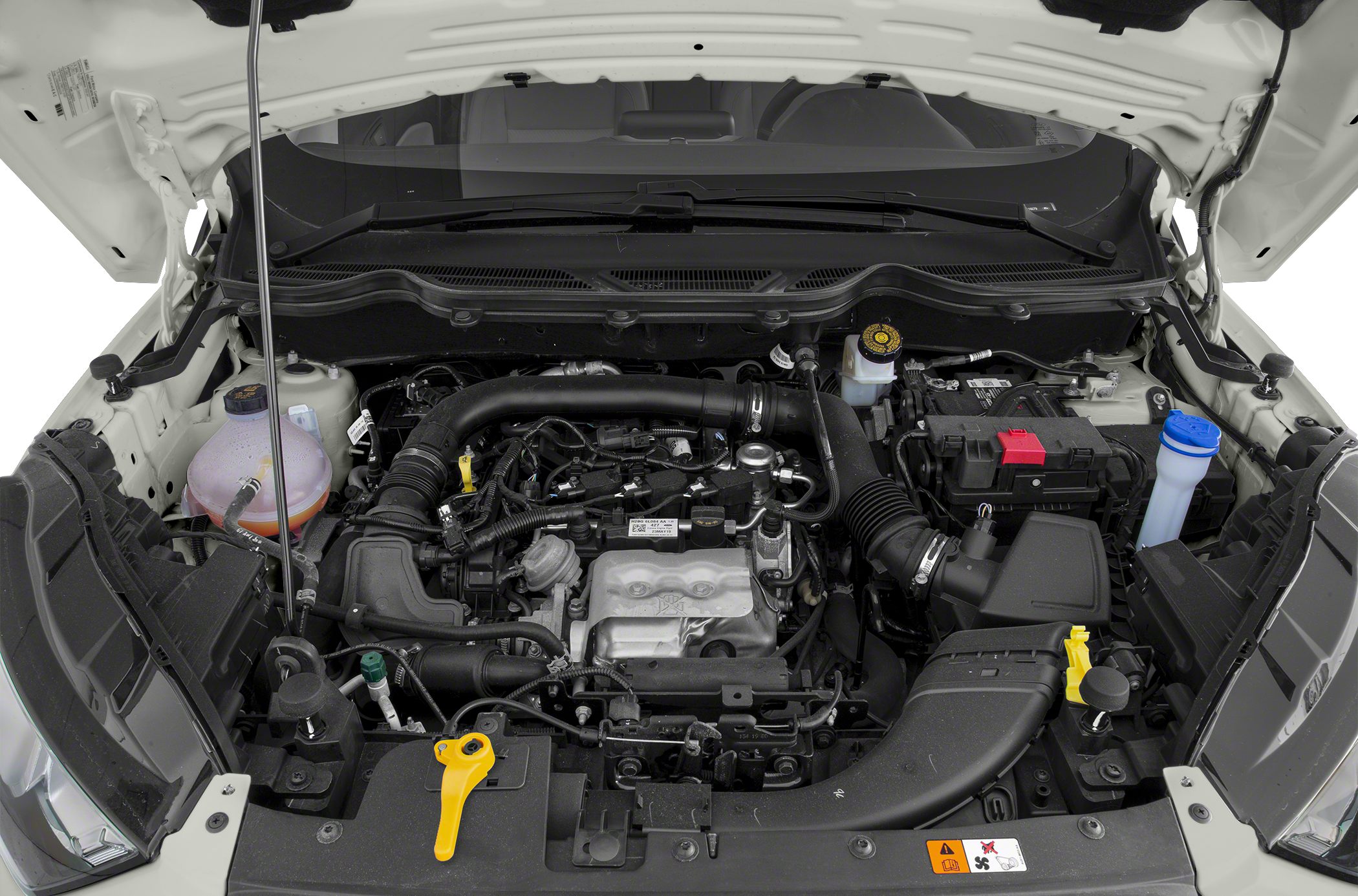 Under-hood engine bay with modern components and fluid reservoirs