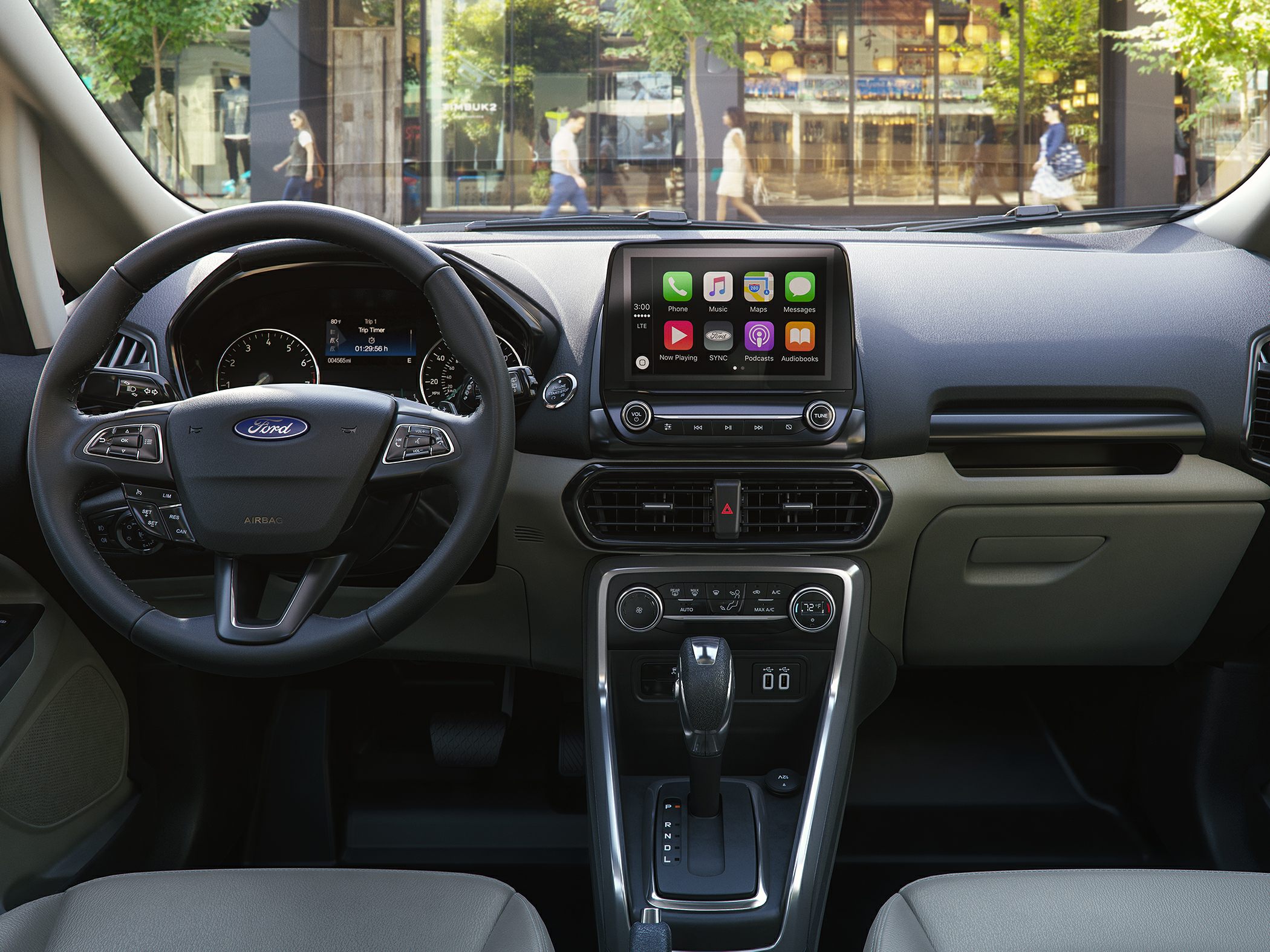 Modern interior with infotainment screen and multifunction steering wheel