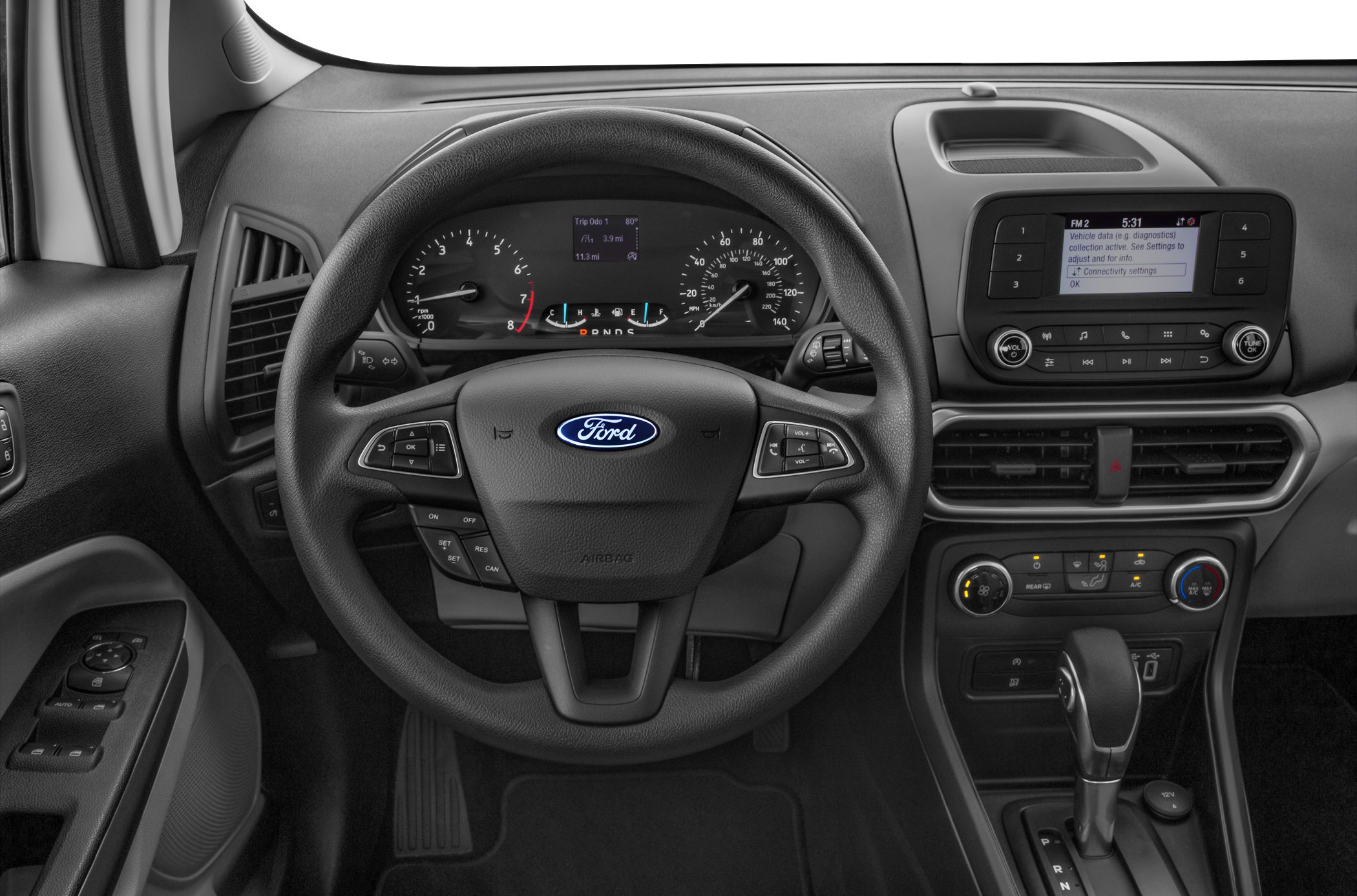 Multifunction steering wheel and dashboard with infotainment screen.