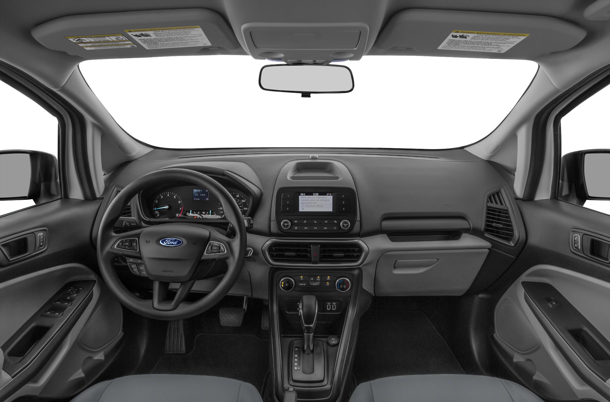 Dashboard with steering wheel, infotainment system, and climate control