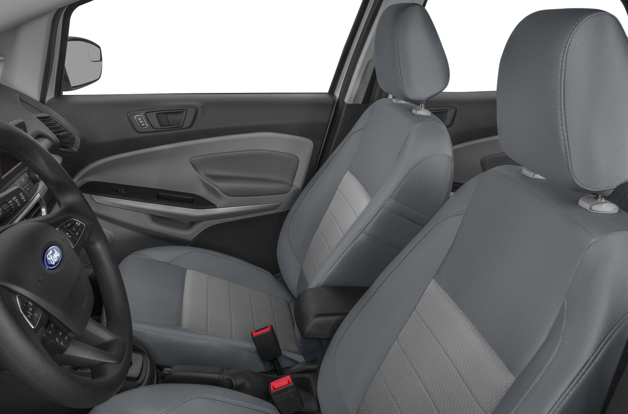 Modern fabric front seats and ergonomic door panel with controls