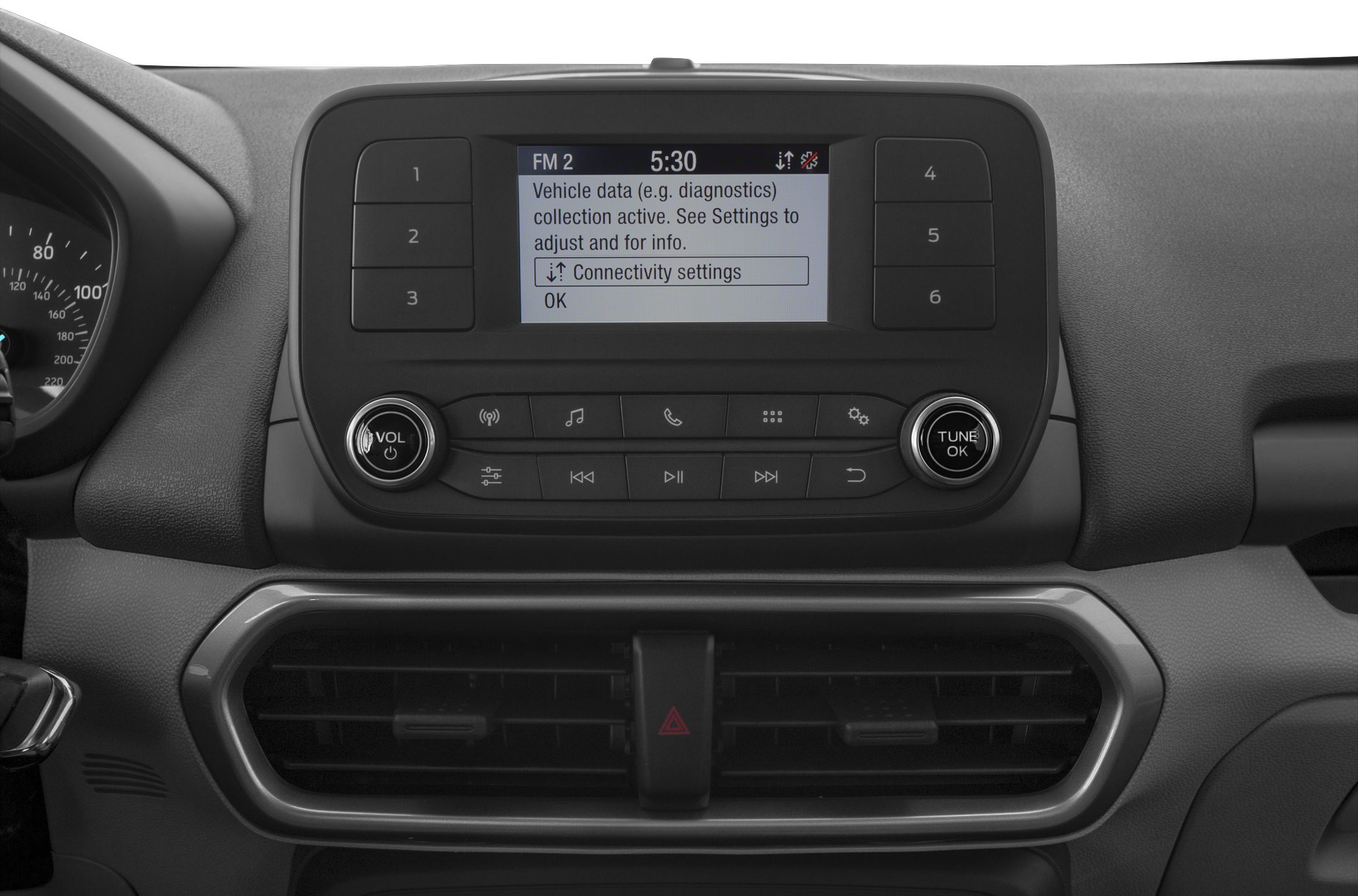Car infotainment system with control buttons and air vents