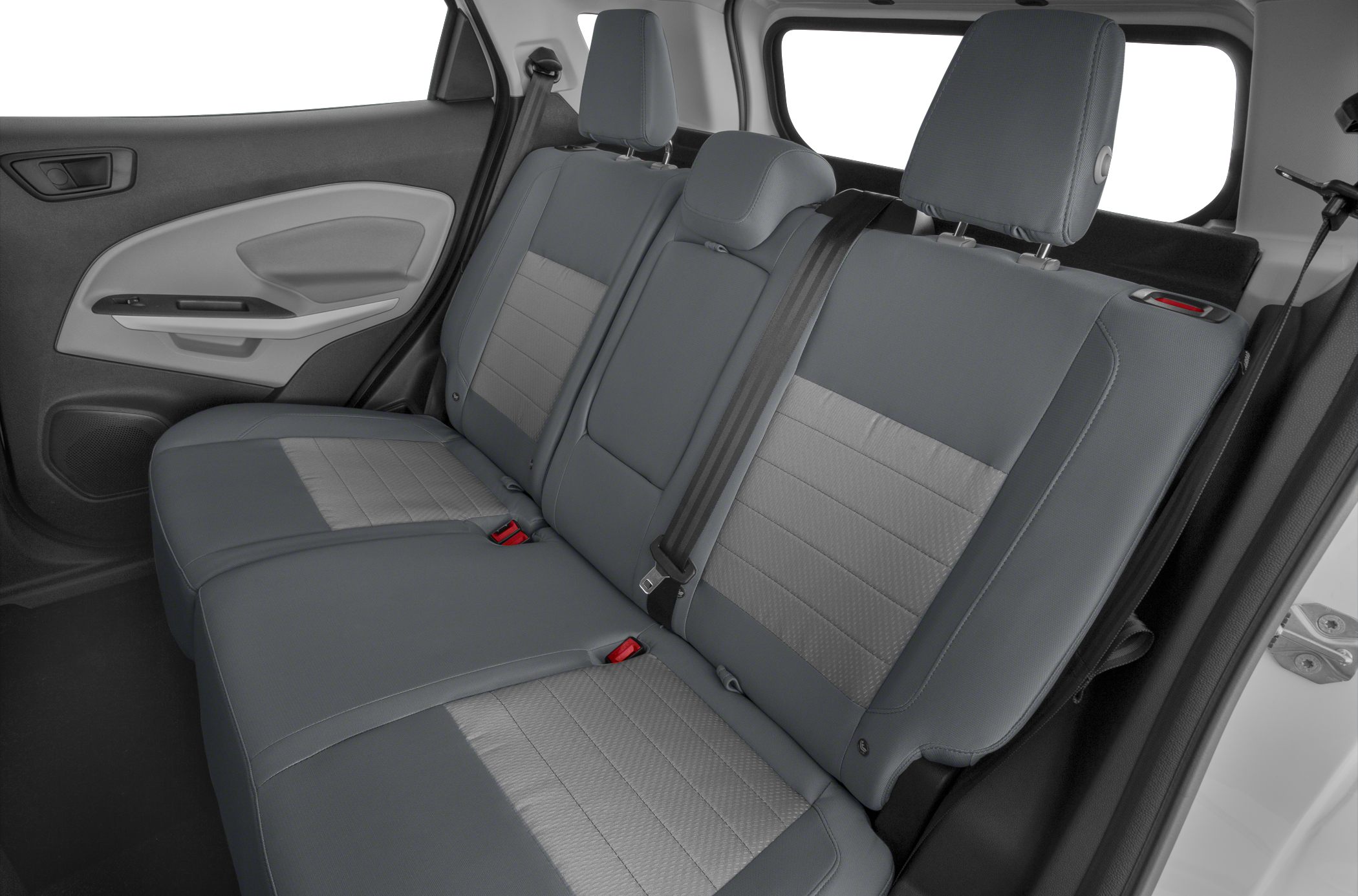 Rear seat upholstery and design with headrests and seat belts