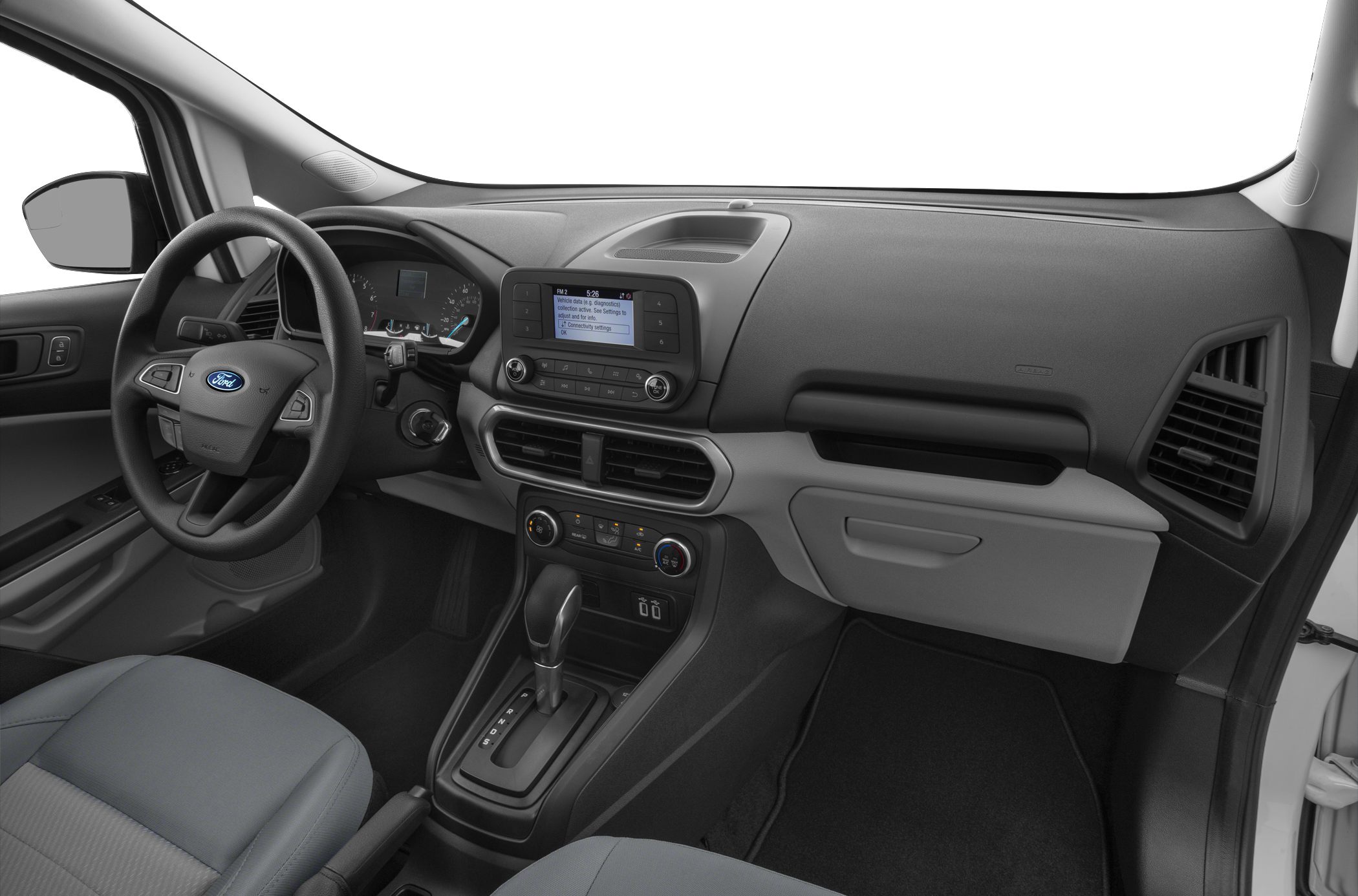 Car interior dashboard with steering wheel and infotainment system