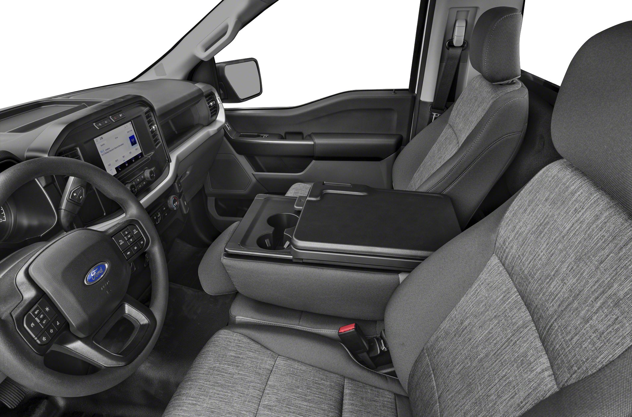Truck interior with dashboard, steering wheel, and center console
