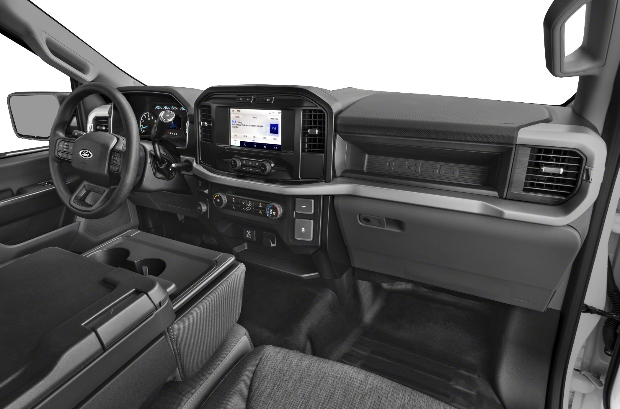 Dashboard with touchscreen, steering wheel controls, and modern layout