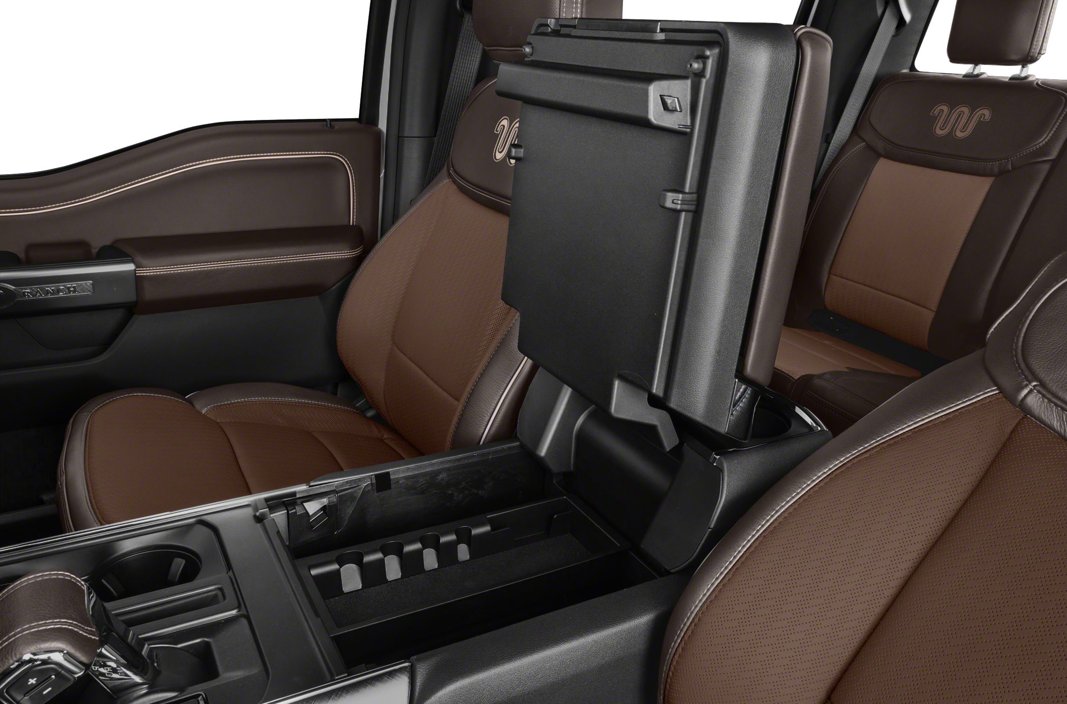 Brown leather seats and open center console storage