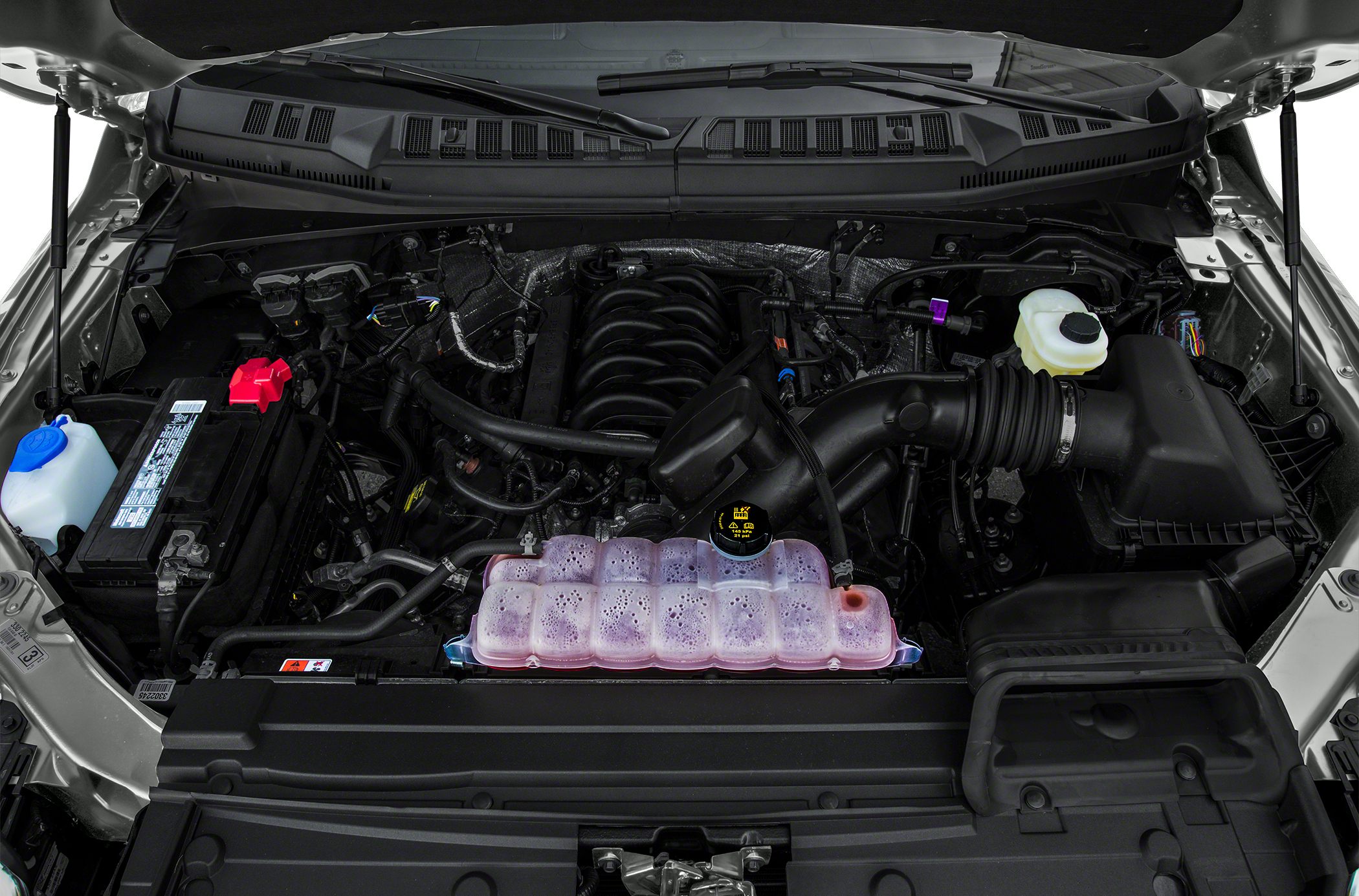 Heavy duty truck engine bay with visible key components