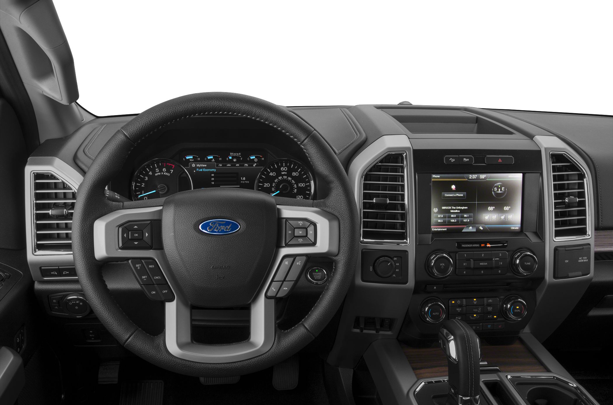 Steering wheel and dashboard with infotainment system in truck interior