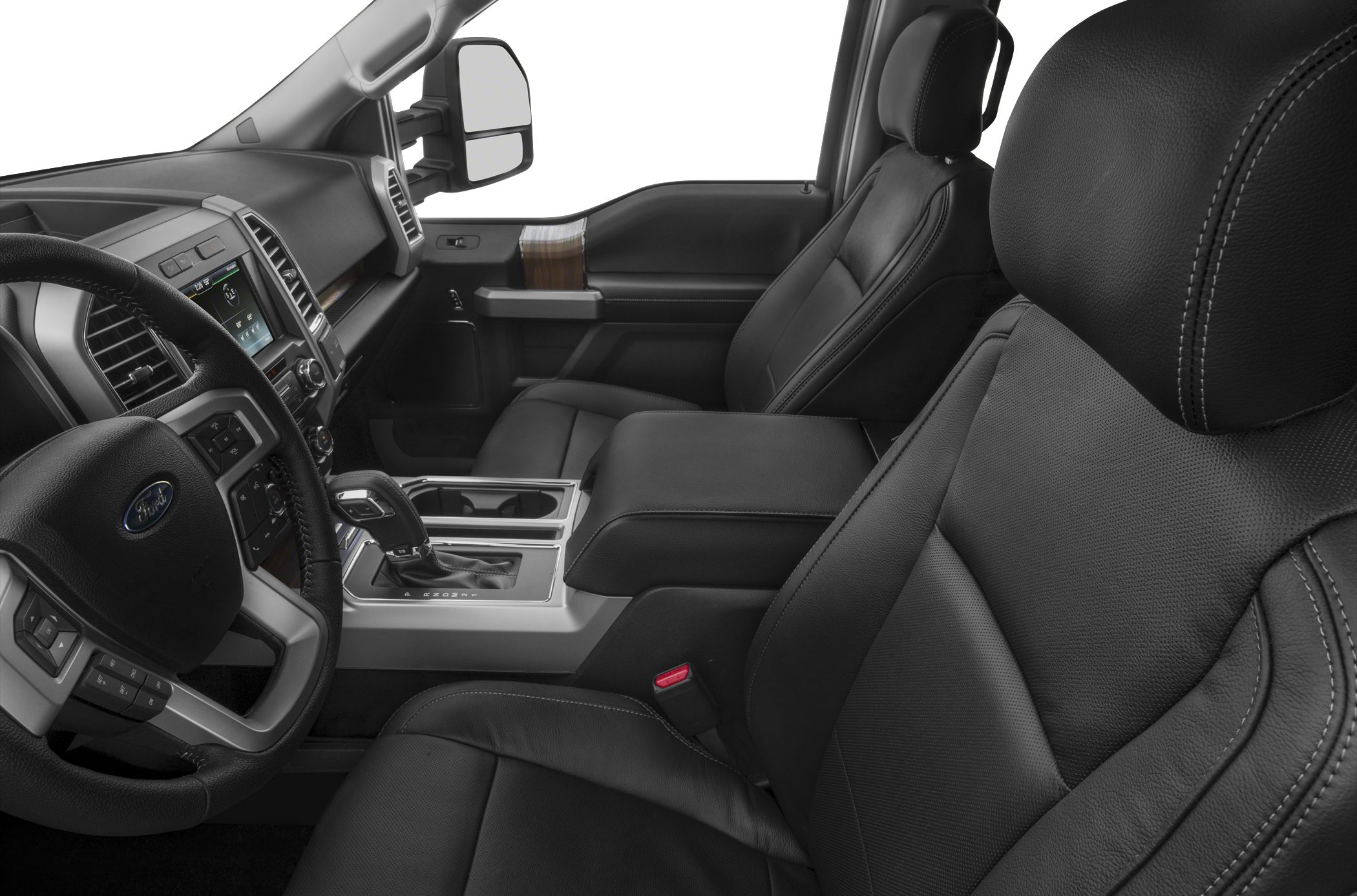 Leather seats and center console of a truck interior