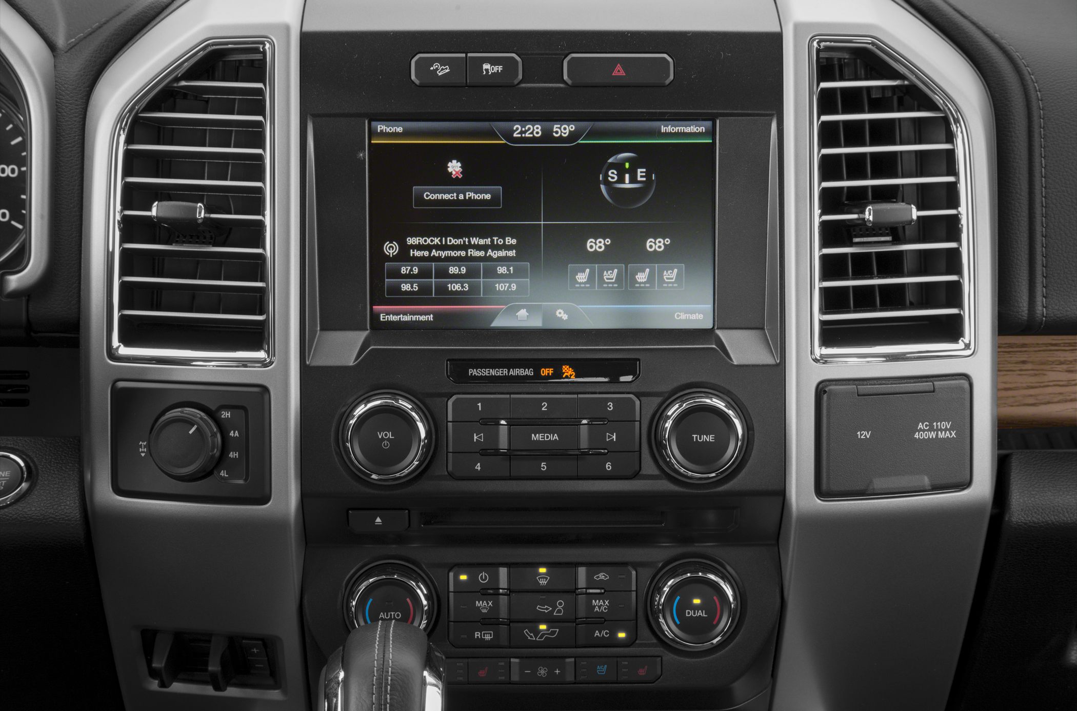 Interior touchscreen infotainment and climate control system with media buttons