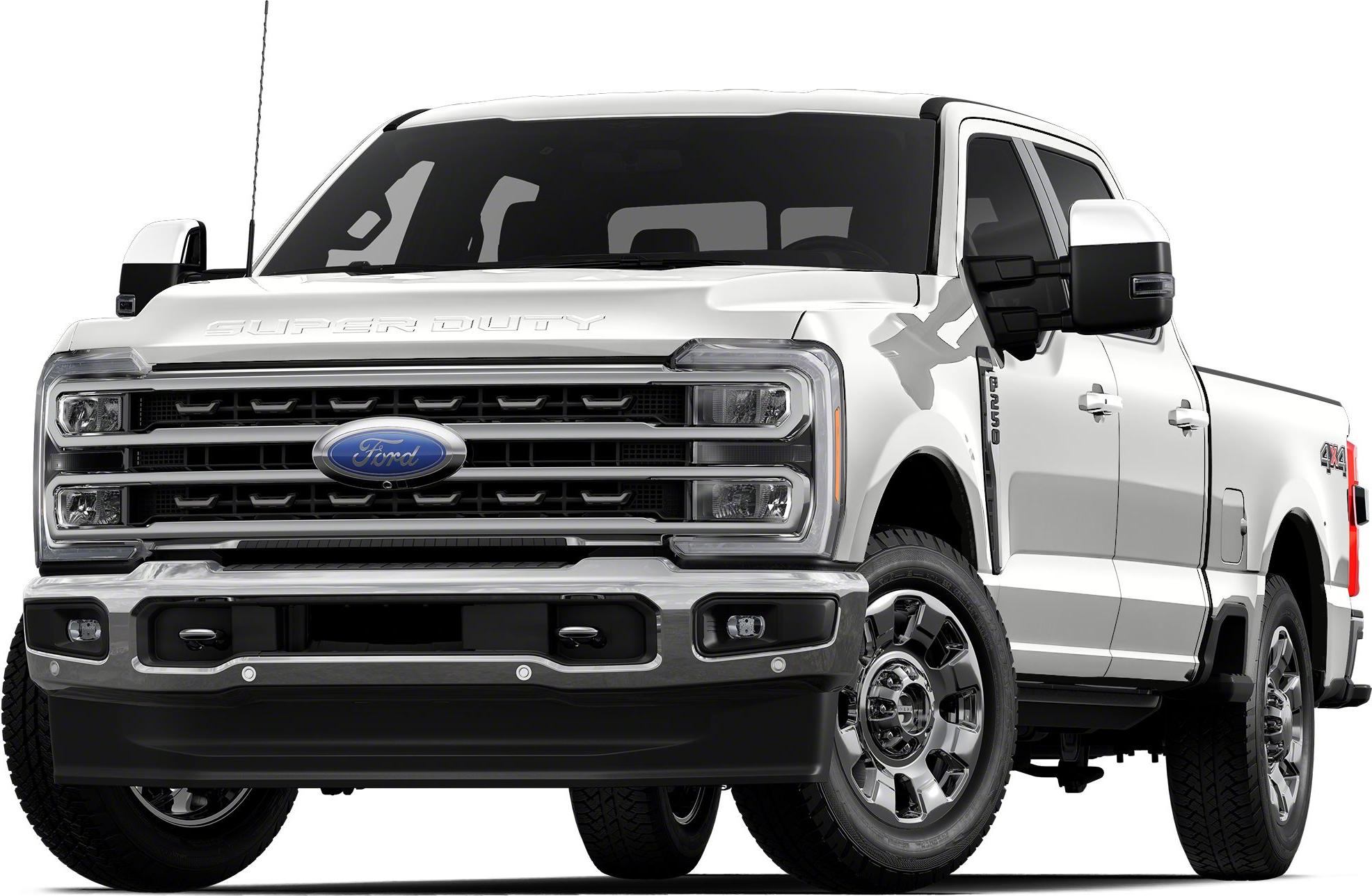 Front view of heavy-duty pickup with chrome grille and crew cab