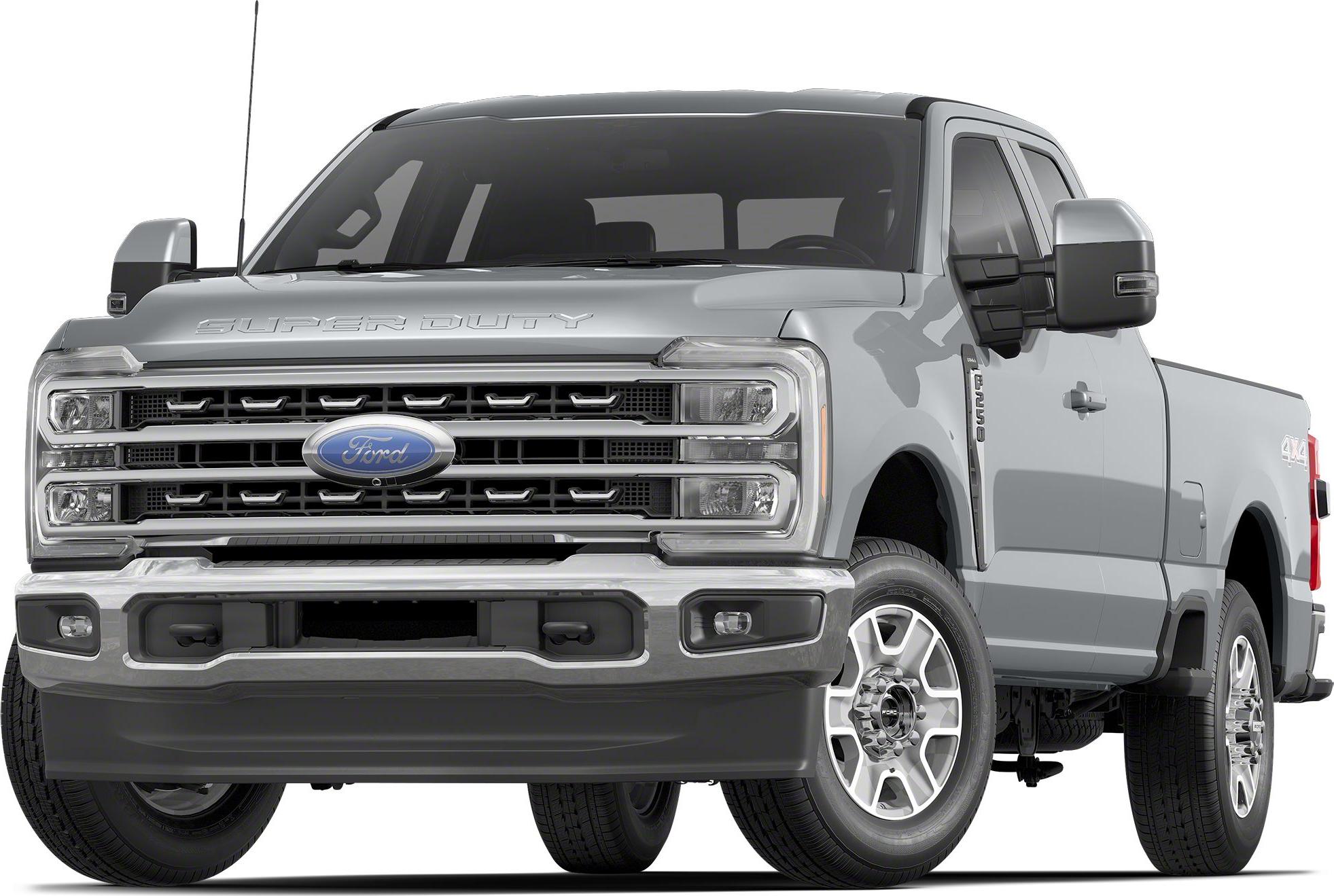 Front view with chrome grille, headlights, super cab, and short bed