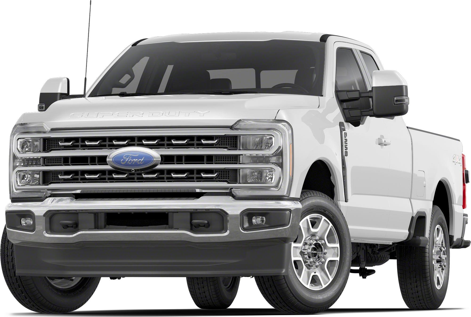Robust front grille and large extended side mirrors on a heavy-duty pickup