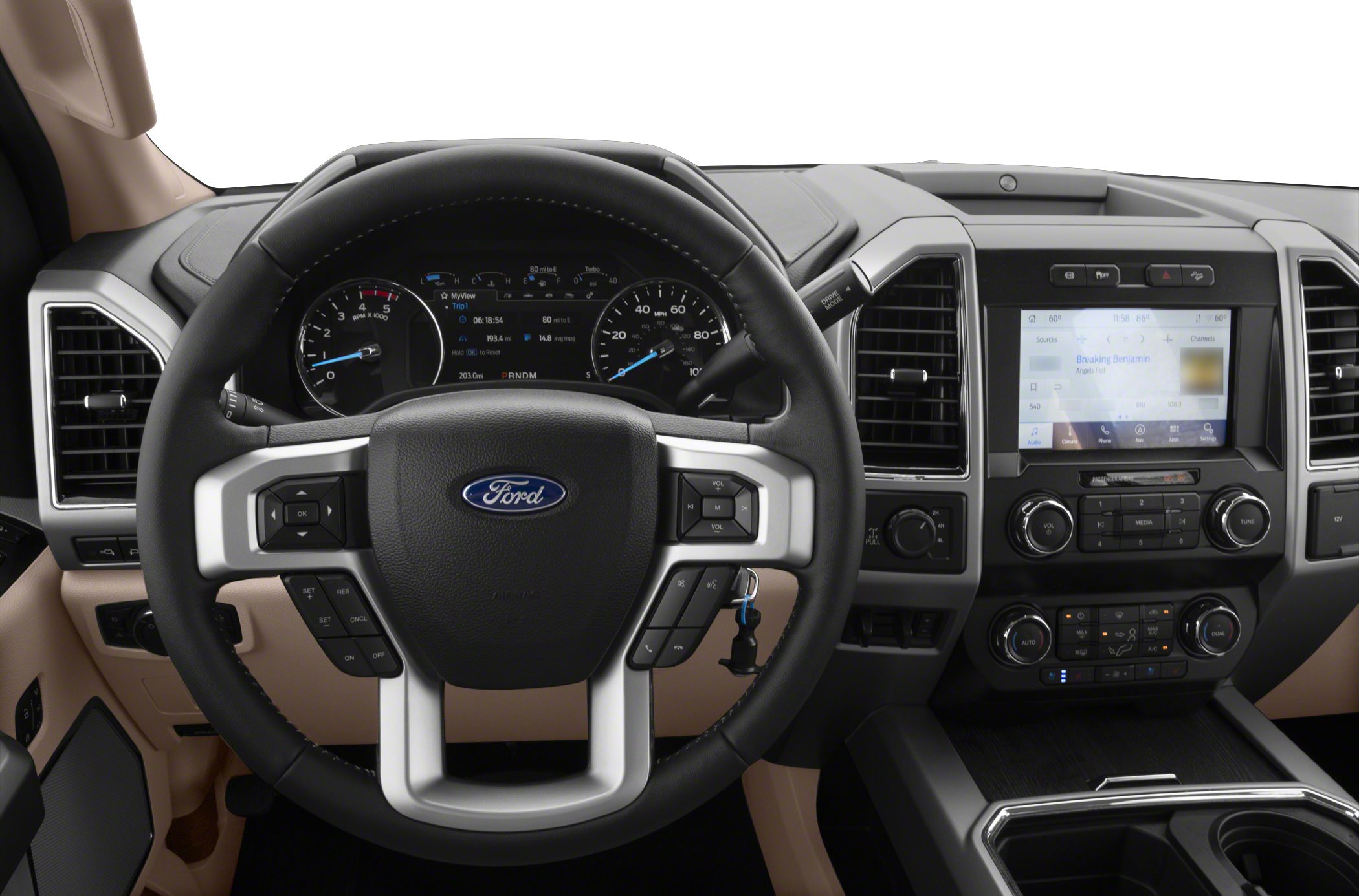 Steering wheel and digital dashboard with multifunction buttons.