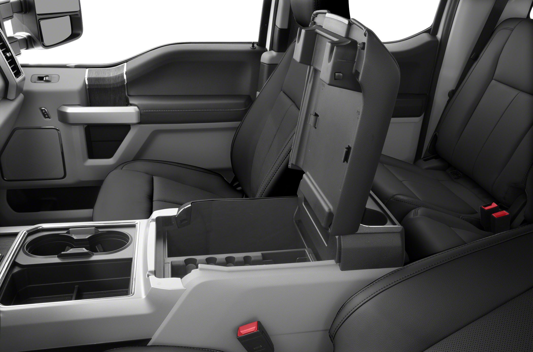 Black leather seats with open center console storage