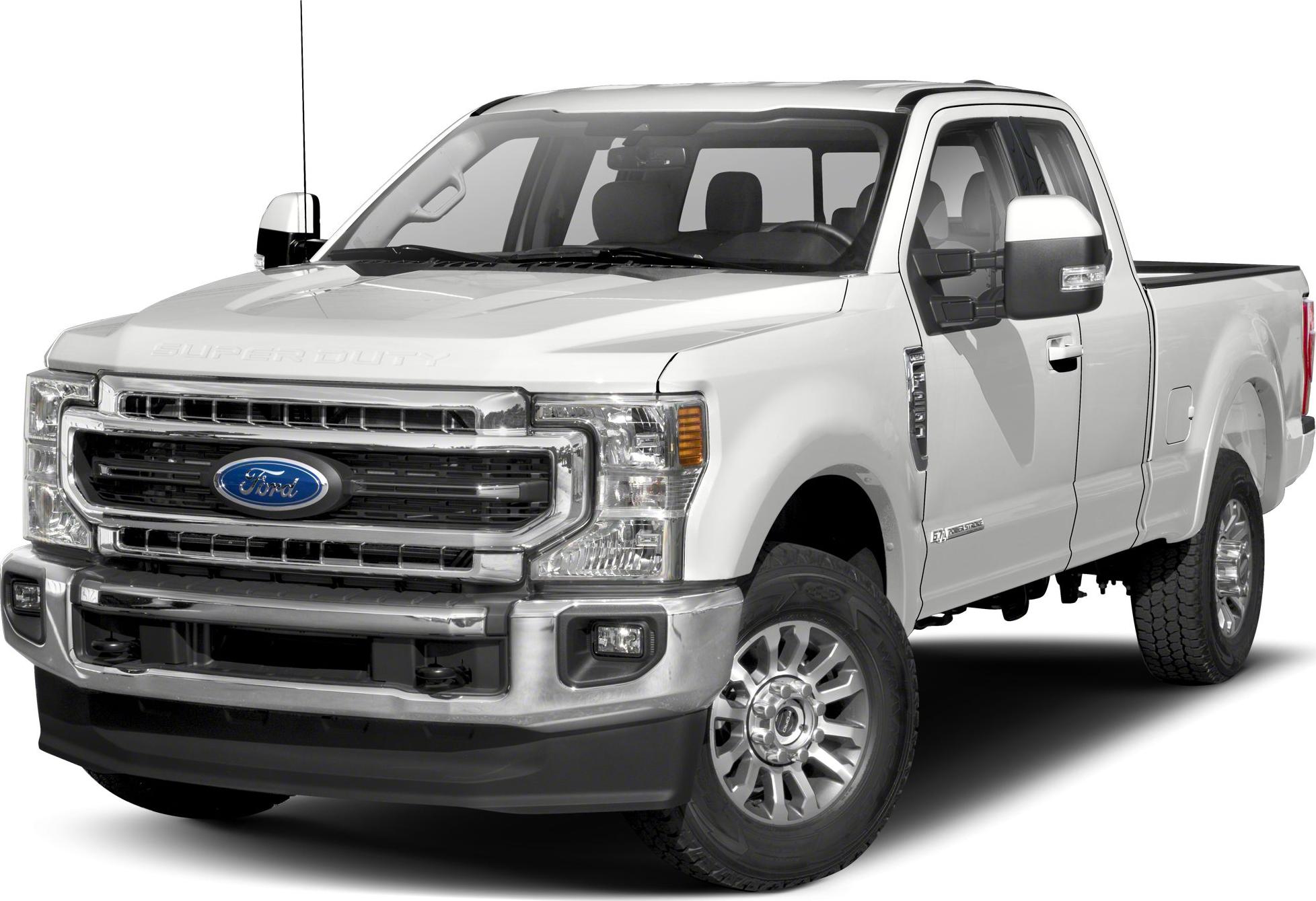 Front and side profile of a large pickup truck with extended cab and long bed.