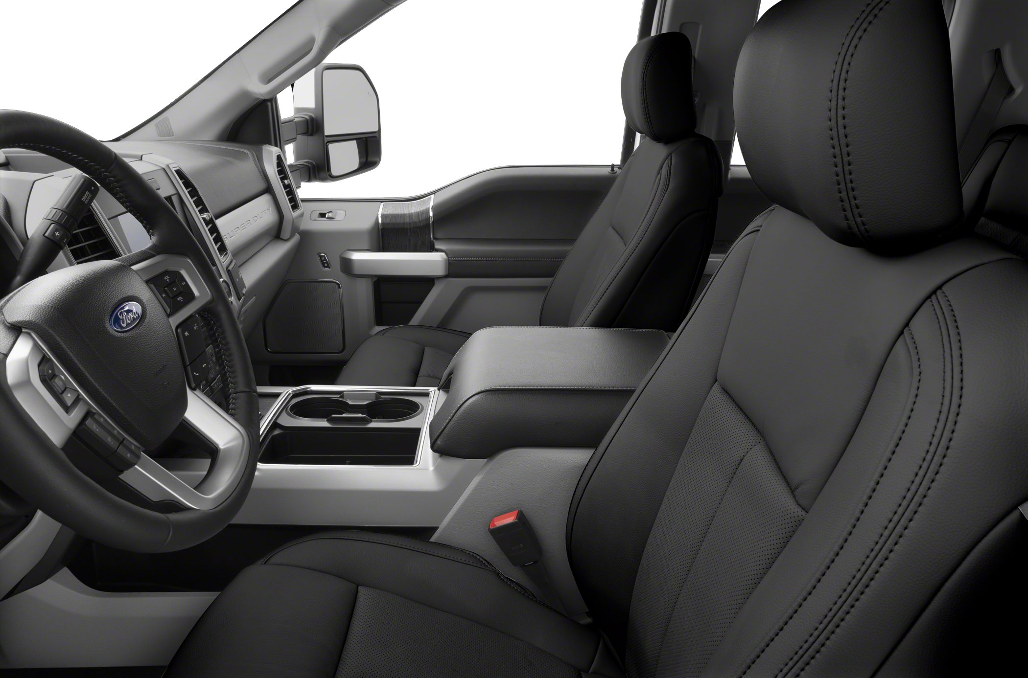 Modern truck interior with black seats, steering wheel, and center console